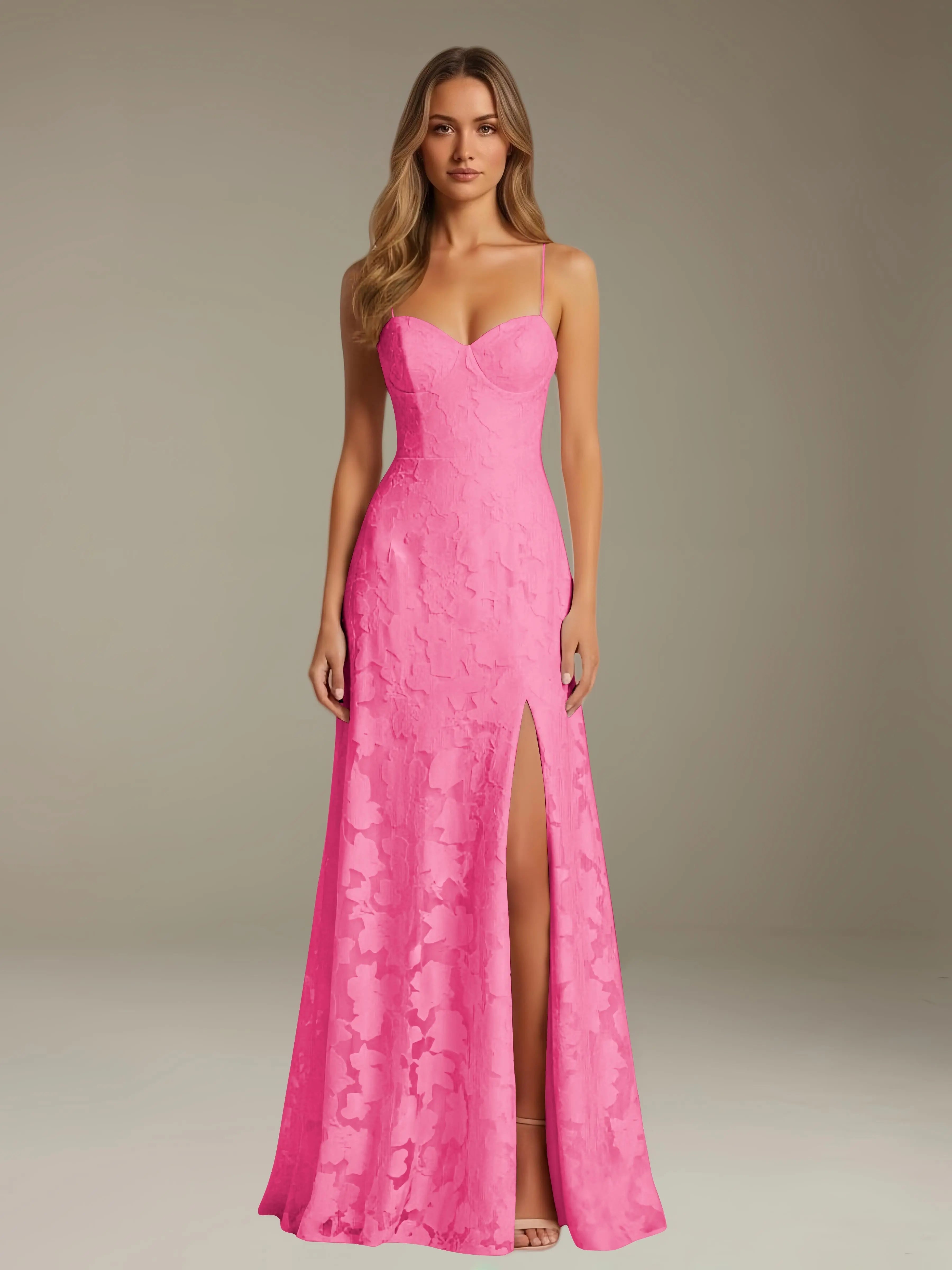 Floral Lace Formal Dress – Sweetheart Spaghetti Strap A-Line Floor Length Dress with Slit oaklynwear