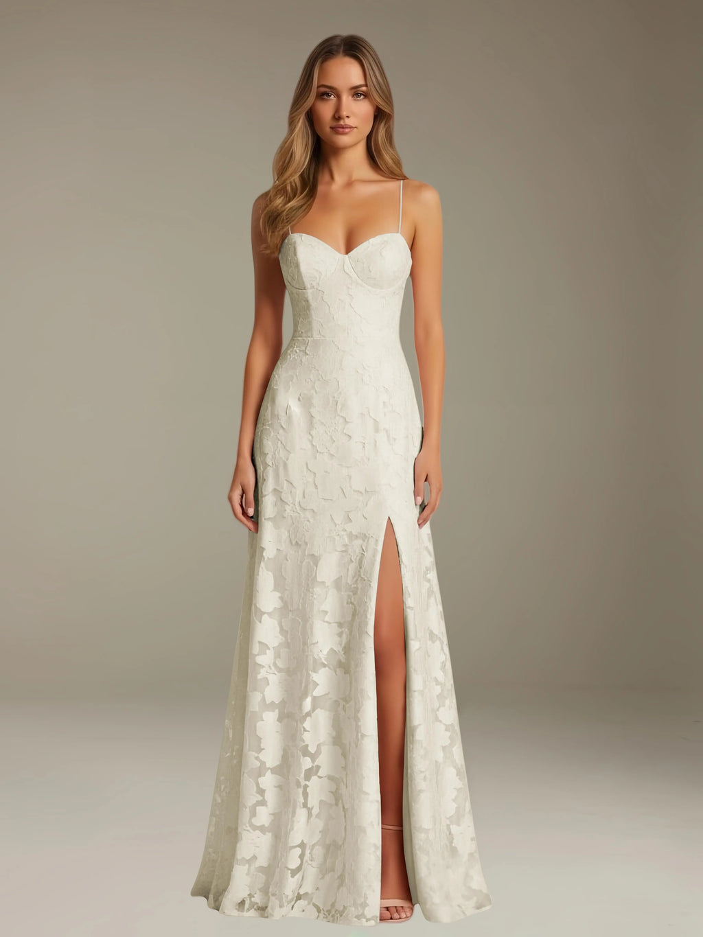 Floral Lace Formal Dress – Sweetheart Spaghetti Strap A-Line Floor Length Dress with Slit oaklynwear