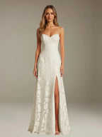 Floral Lace Formal Dress – Sweetheart Spaghetti Strap A-Line Floor Length Dress with Slit oaklynwear