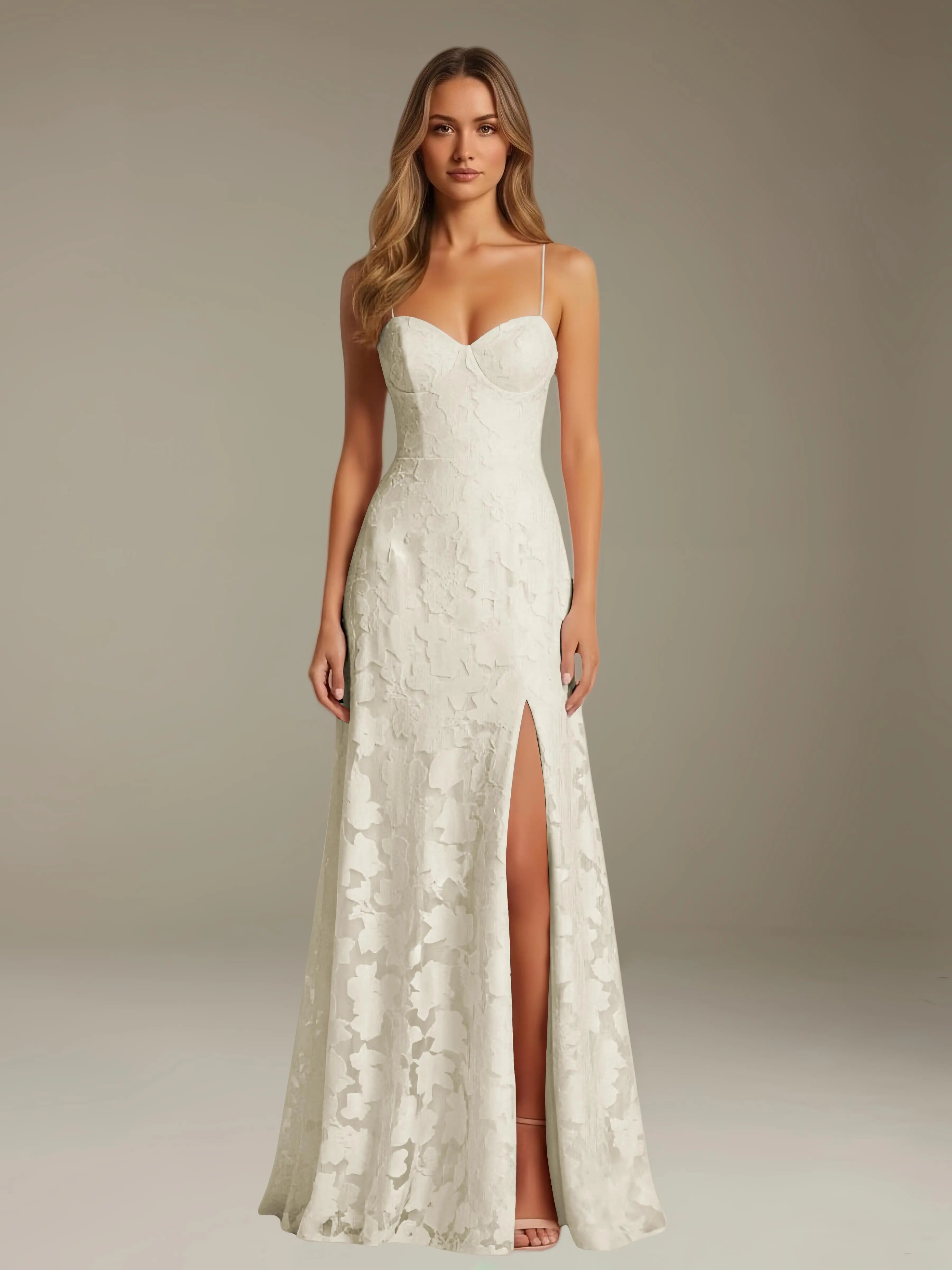 Floral Lace Formal Dress – Sweetheart Spaghetti Strap A-Line Floor Length Dress with Slit oaklynwear