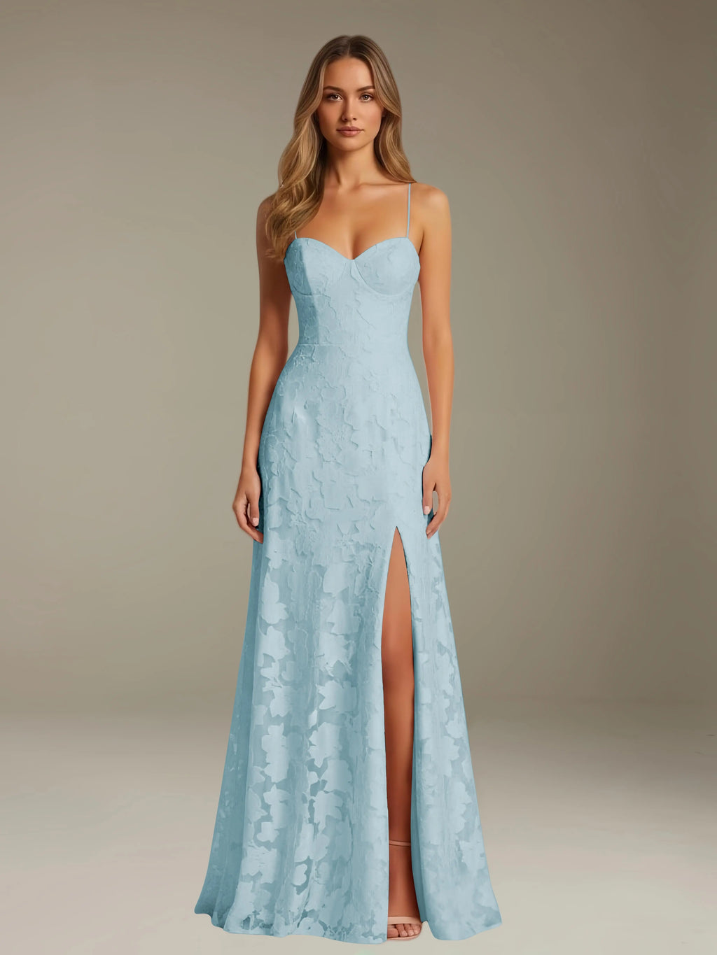 Floral Lace Formal Dress – Sweetheart Spaghetti Strap A-Line Floor Length Dress with Slit oaklynwear