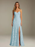 Floral Lace Formal Dress – Sweetheart Spaghetti Strap A-Line Floor Length Dress with Slit oaklynwear