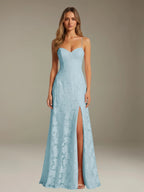 Floral Lace Formal Dress – Sweetheart Spaghetti Strap A-Line Floor Length Dress with Slit oaklynwear
