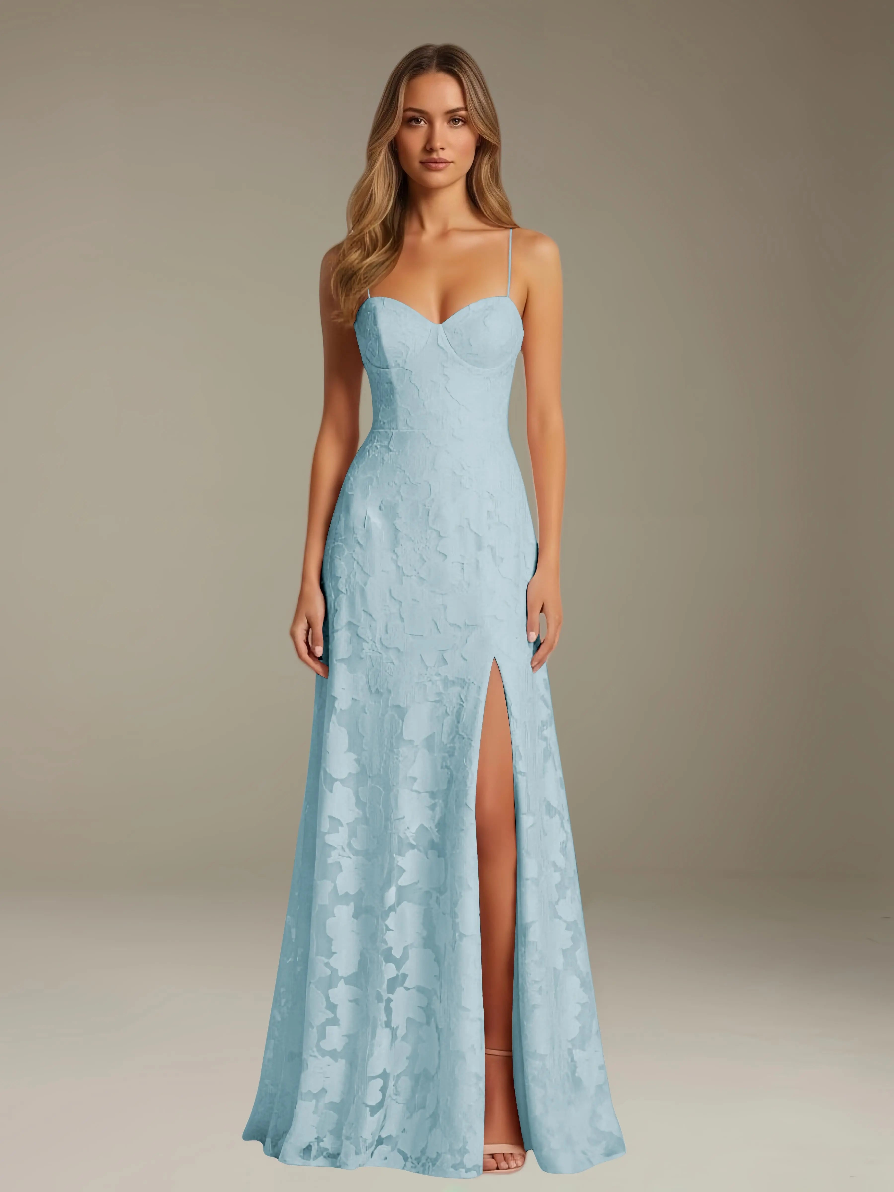 Floral Lace Formal Dress – Sweetheart Spaghetti Strap A-Line Floor Length Dress with Slit oaklynwear