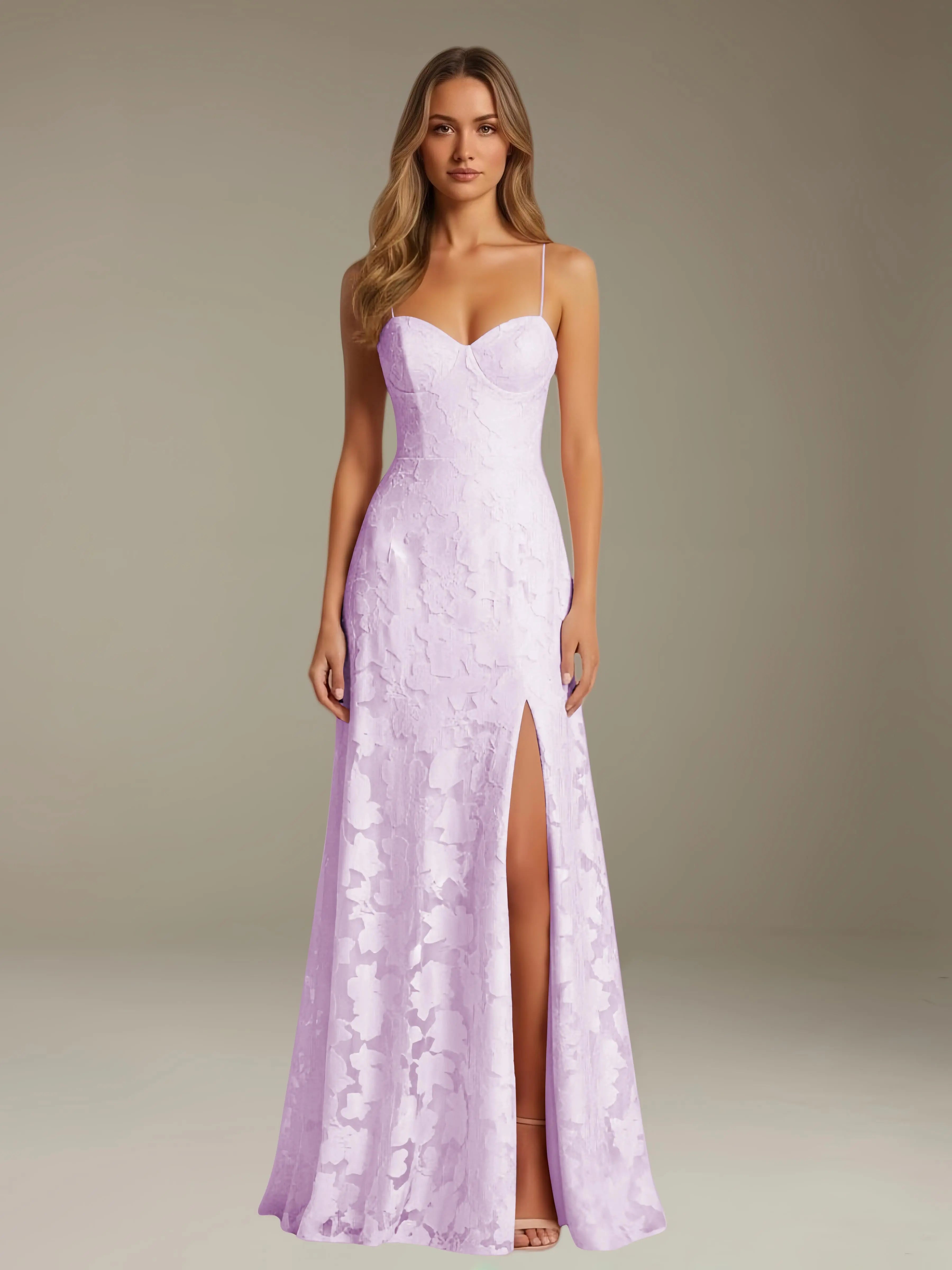 Floral Lace Formal Dress – Sweetheart Spaghetti Strap A-Line Floor Length Dress with Slit oaklynwear