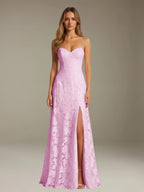 Floral Lace Formal Dress – Sweetheart Spaghetti Strap A-Line Floor Length Dress with Slit oaklynwear
