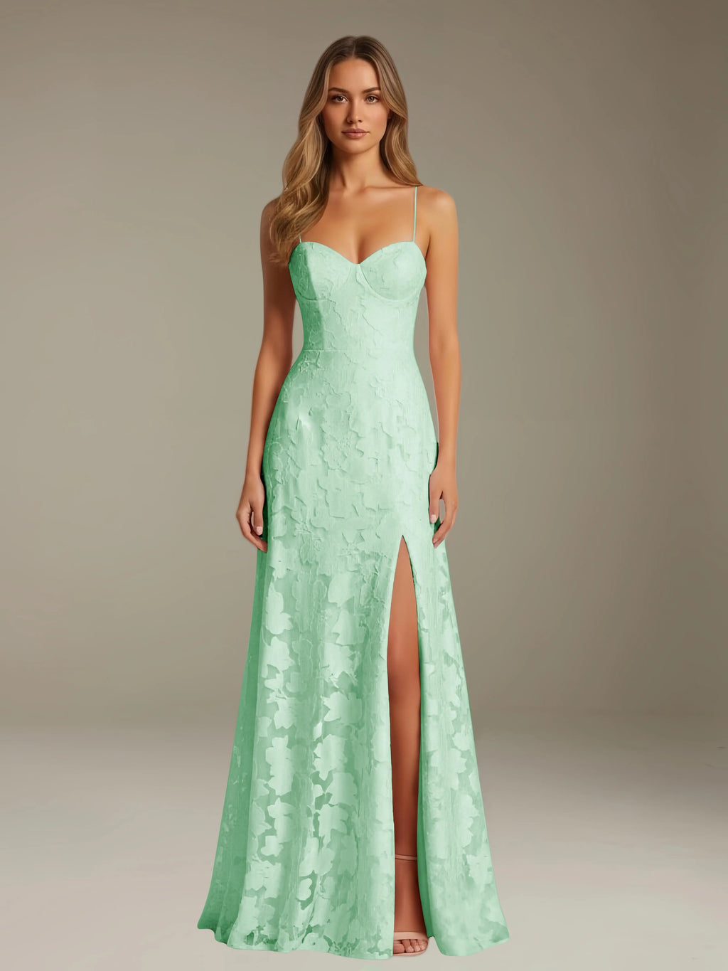 Floral Lace Formal Dress – Sweetheart Spaghetti Strap A-Line Floor Length Dress with Slit oaklynwear