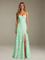 Floral Lace Formal Dress – Sweetheart Spaghetti Strap A-Line Floor Length Dress with Slit oaklynwear