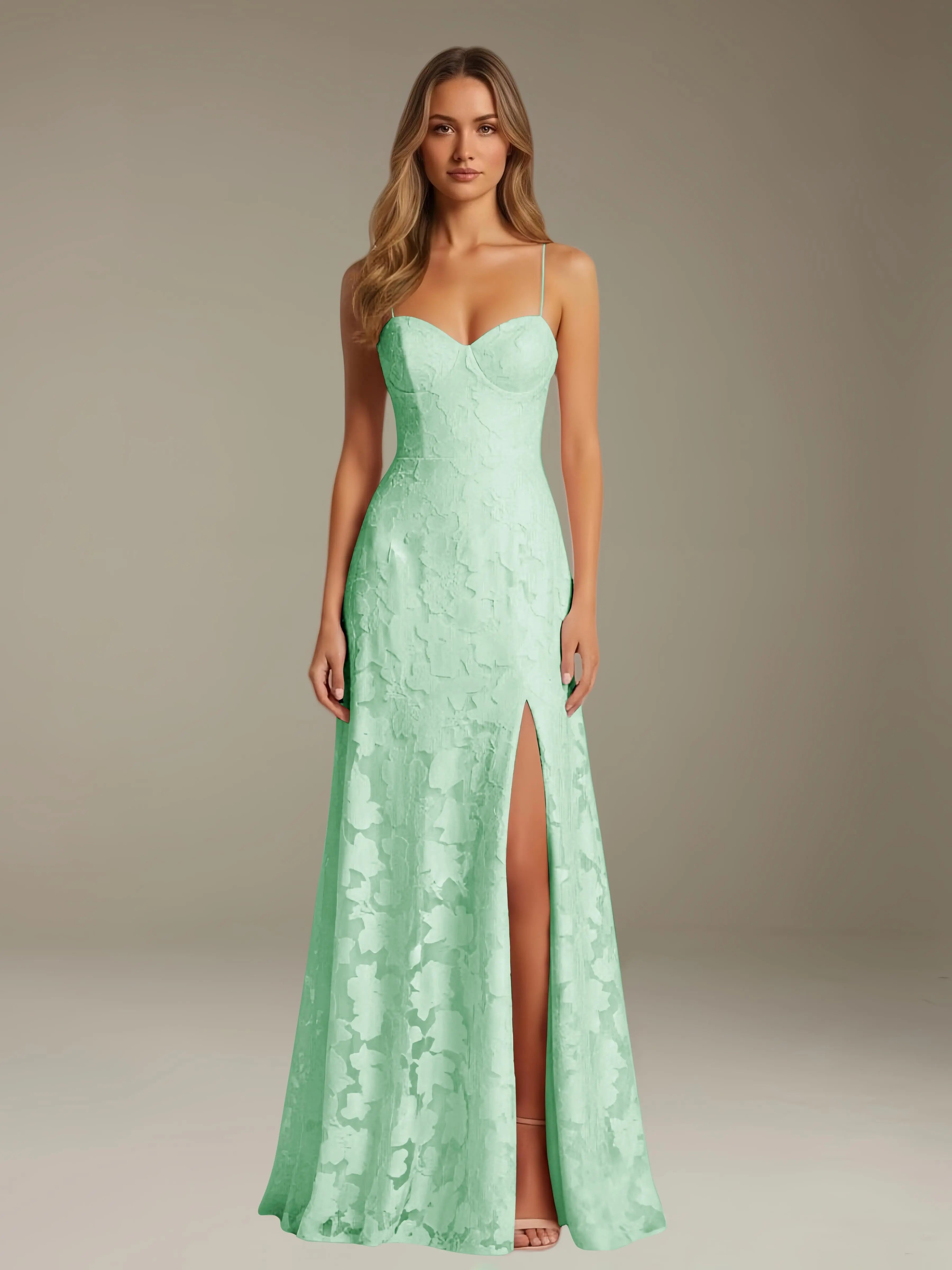 Floral Lace Formal Dress – Sweetheart Spaghetti Strap A-Line Floor Length Dress with Slit oaklynwear