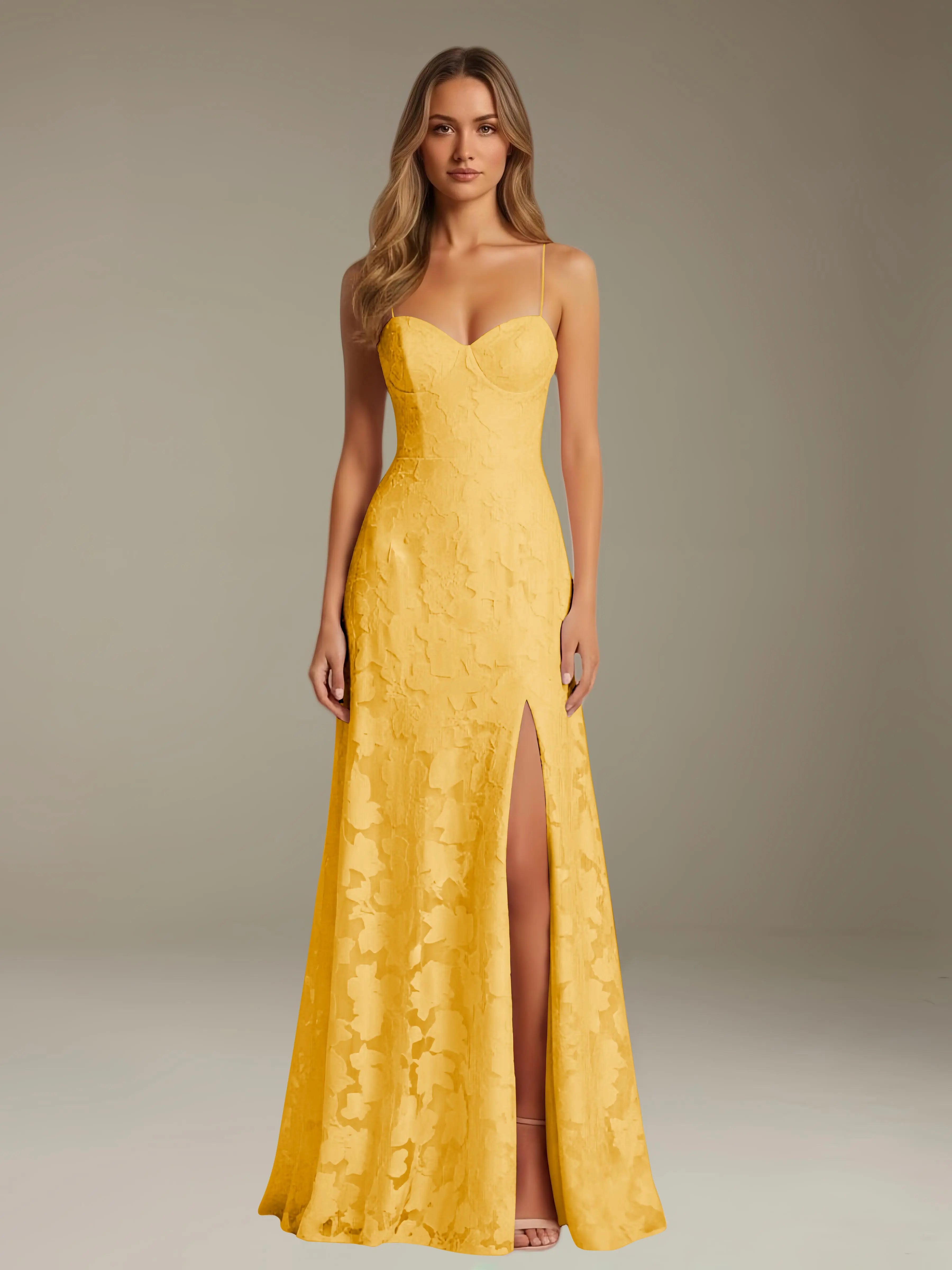 Floral Lace Formal Dress – Sweetheart Spaghetti Strap A-Line Floor Length Dress with Slit oaklynwear