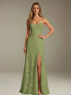 Floral Lace Formal Dress – Sweetheart Spaghetti Strap A-Line Floor Length Dress with Slit oaklynwear