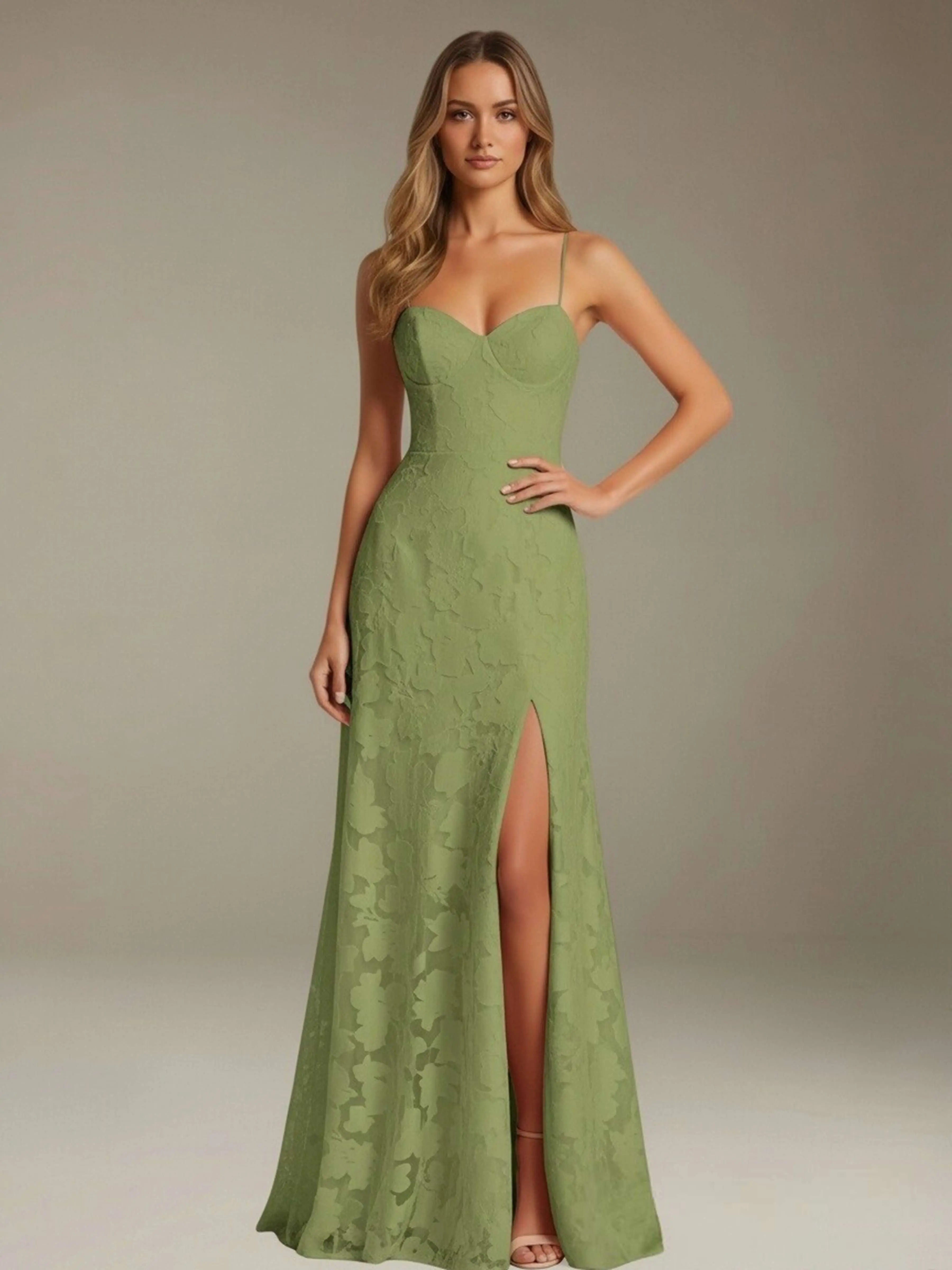 Floral Lace Formal Dress – Sweetheart Spaghetti Strap A-Line Floor Length Dress with Slit oaklynwear