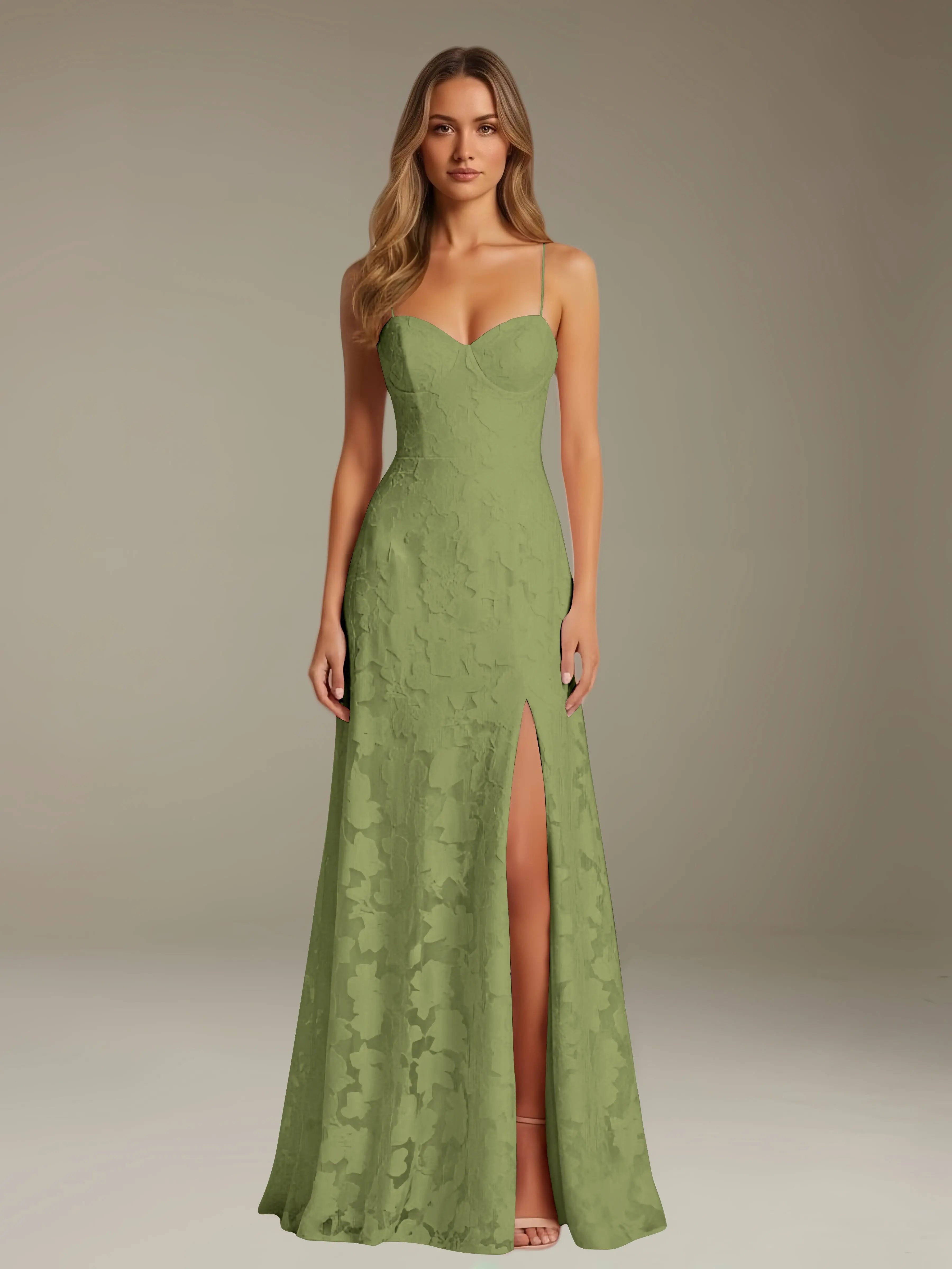 Floral Lace Formal Dress – Sweetheart Spaghetti Strap A-Line Floor Length Dress with Slit oaklynwear