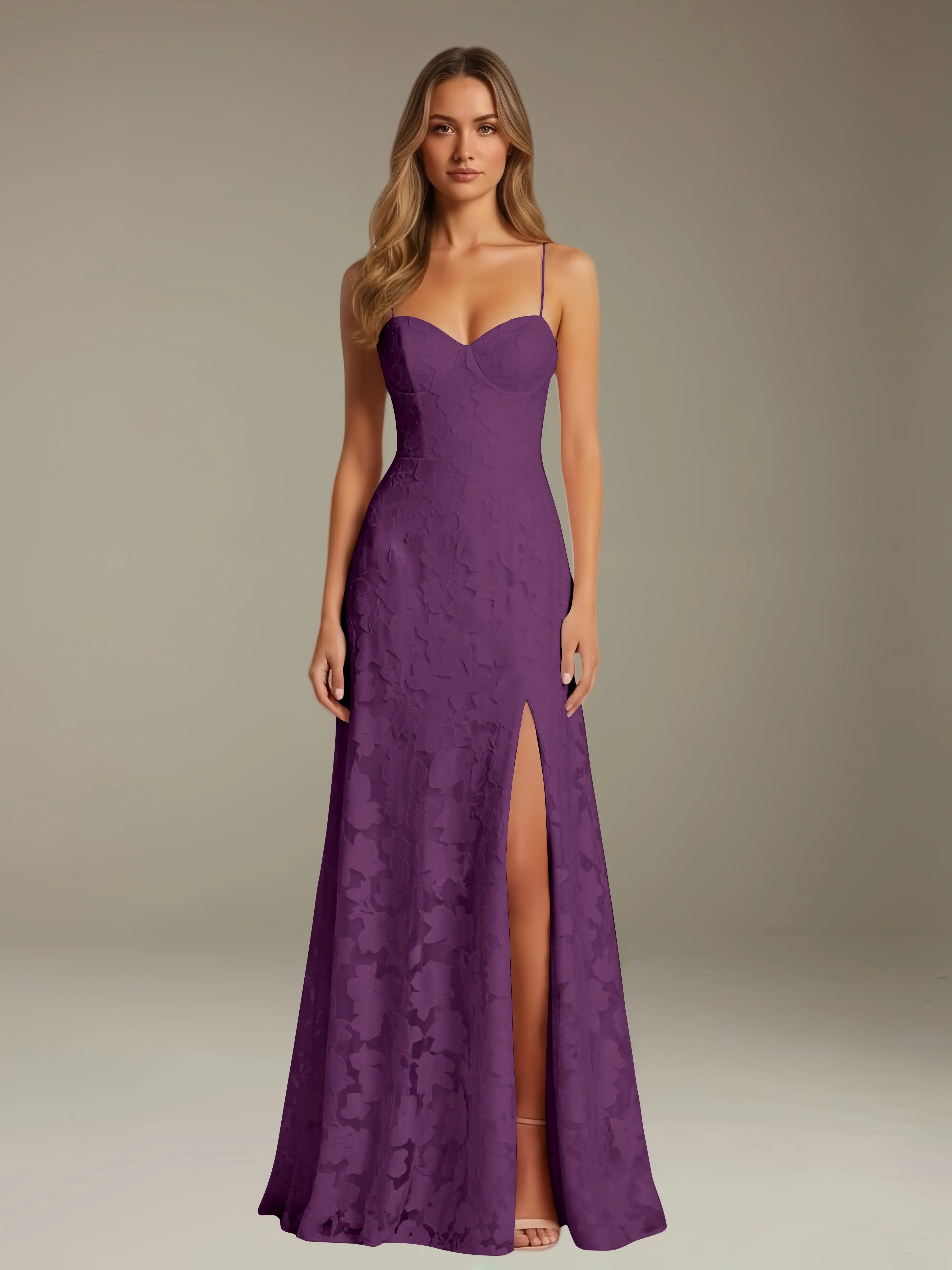 Floral Lace Formal Dress – Sweetheart Spaghetti Strap A-Line Floor Length Dress with Slit oaklynwear
