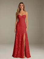 Floral Lace Formal Dress – Sweetheart Spaghetti Strap A-Line Floor Length Dress with Slit oaklynwear