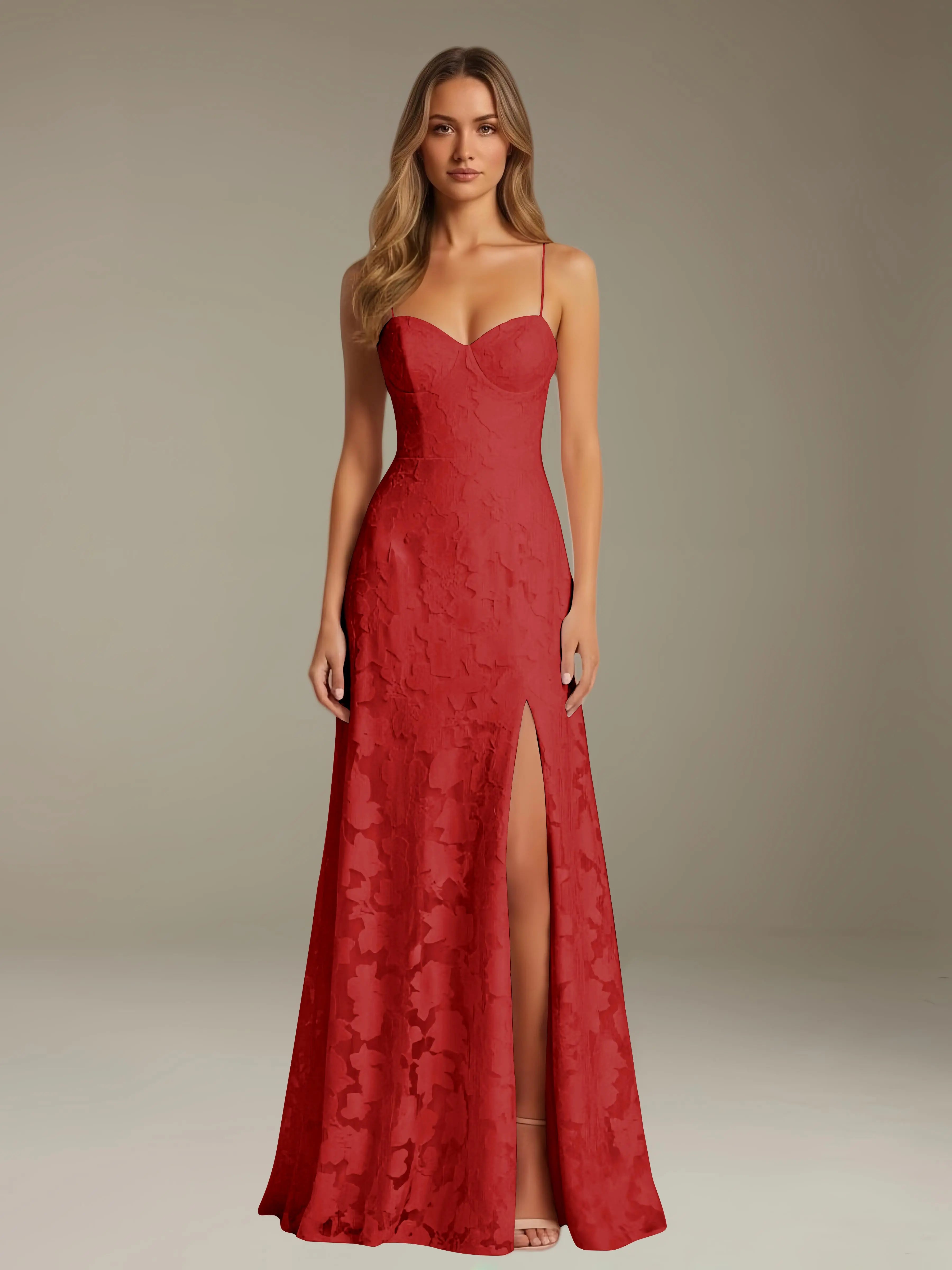 Floral Lace Formal Dress – Sweetheart Spaghetti Strap A-Line Floor Length Dress with Slit oaklynwear