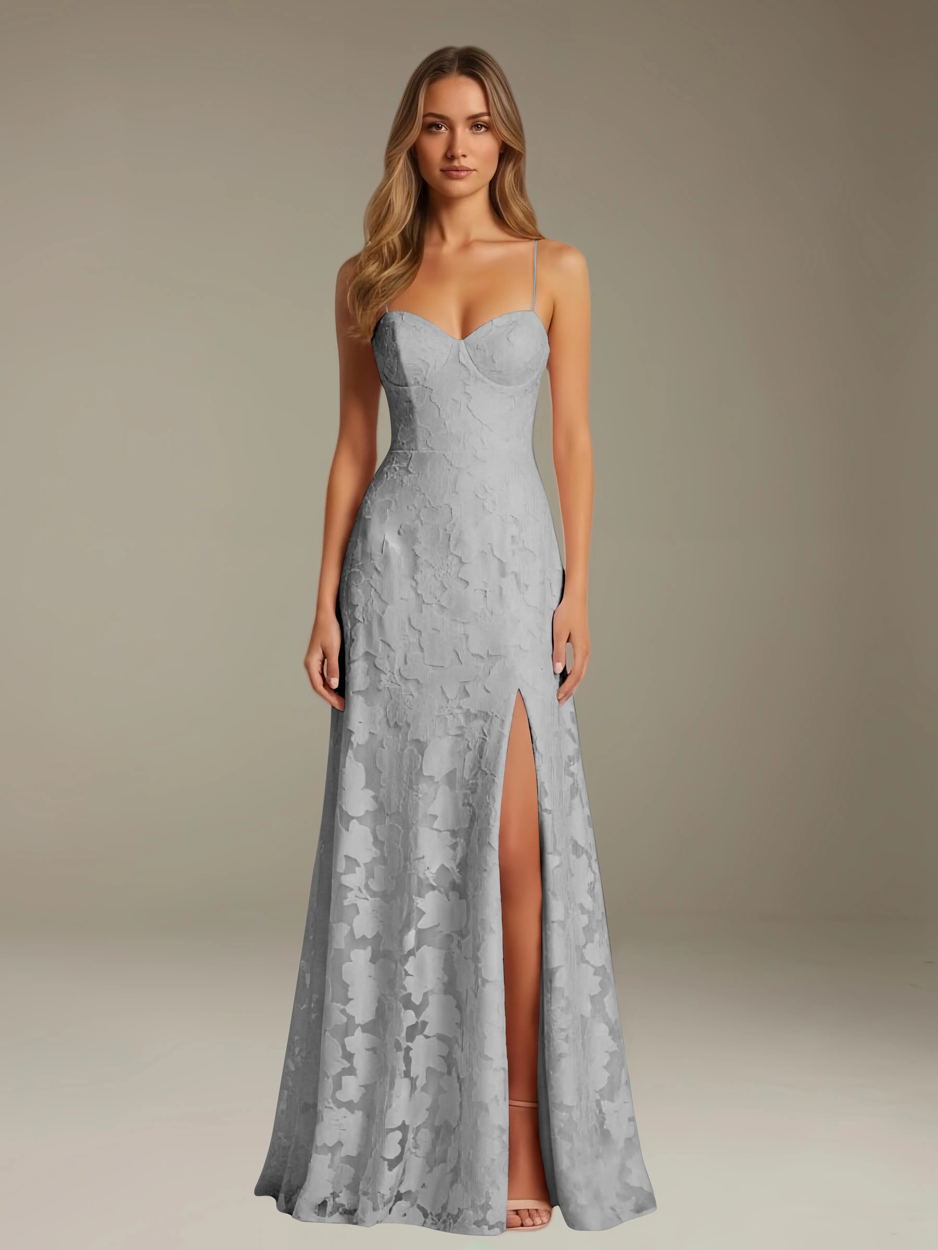 Floral Lace Formal Dress – Sweetheart Spaghetti Strap A-Line Floor Length Dress with Slit oaklynwear