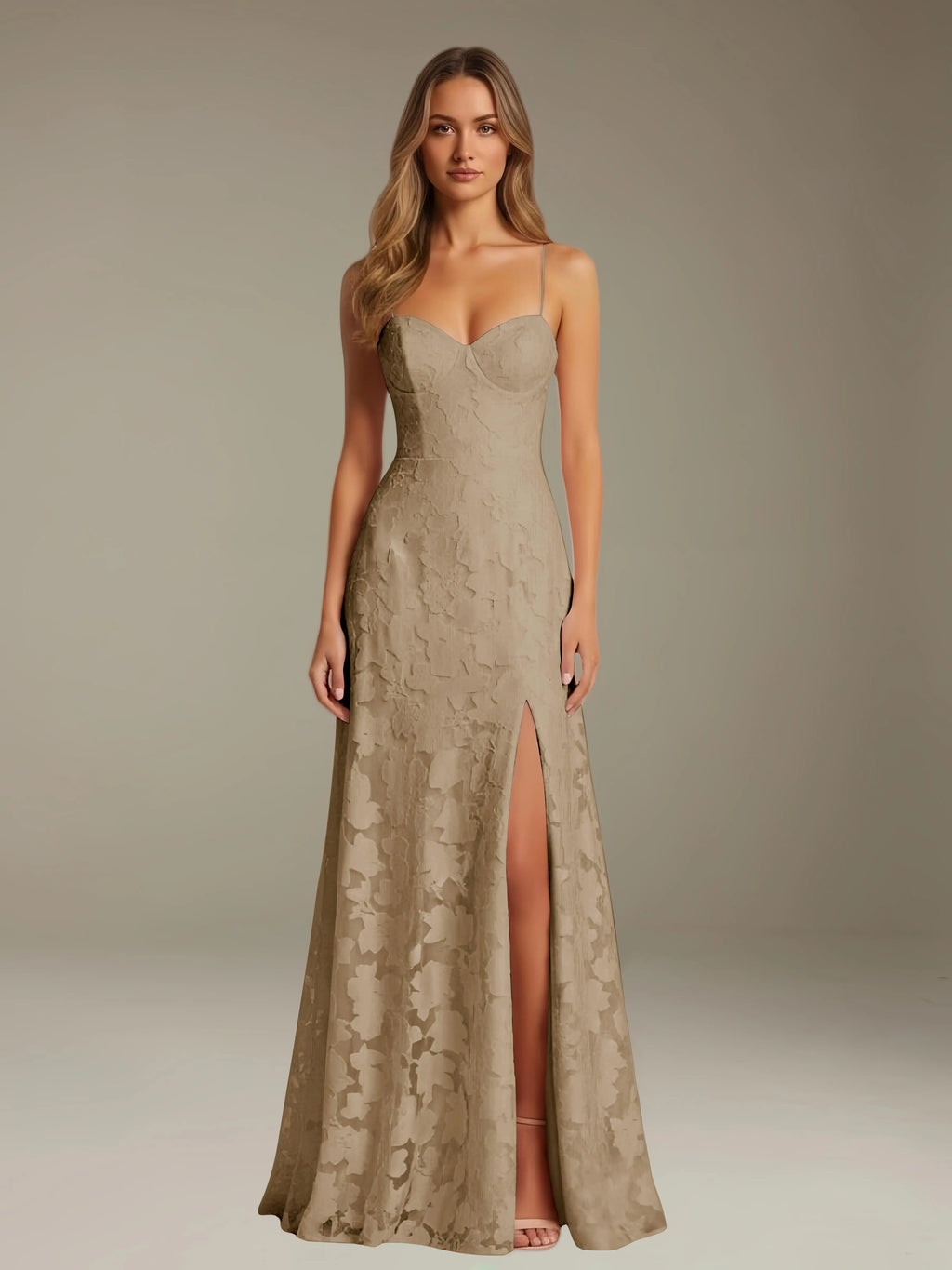 Floral Lace Formal Dress – Sweetheart Spaghetti Strap A-Line Floor Length Dress with Slit oaklynwear