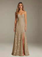 Floral Lace Formal Dress – Sweetheart Spaghetti Strap A-Line Floor Length Dress with Slit oaklynwear