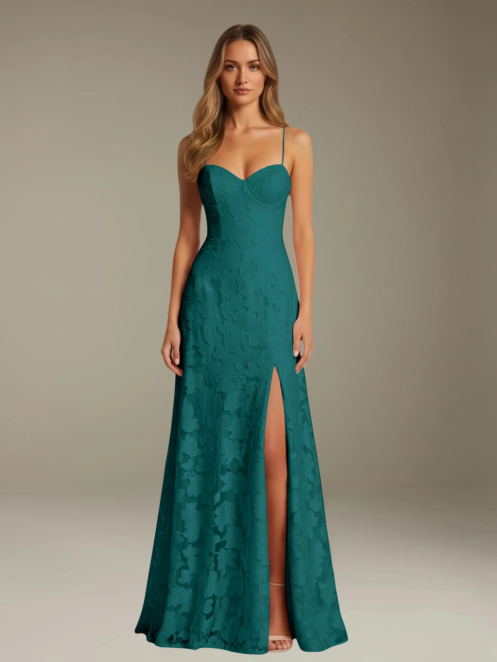 Floral Lace Formal Dress – Sweetheart Spaghetti Strap A-Line Floor Length Dress with Slit oaklynwear