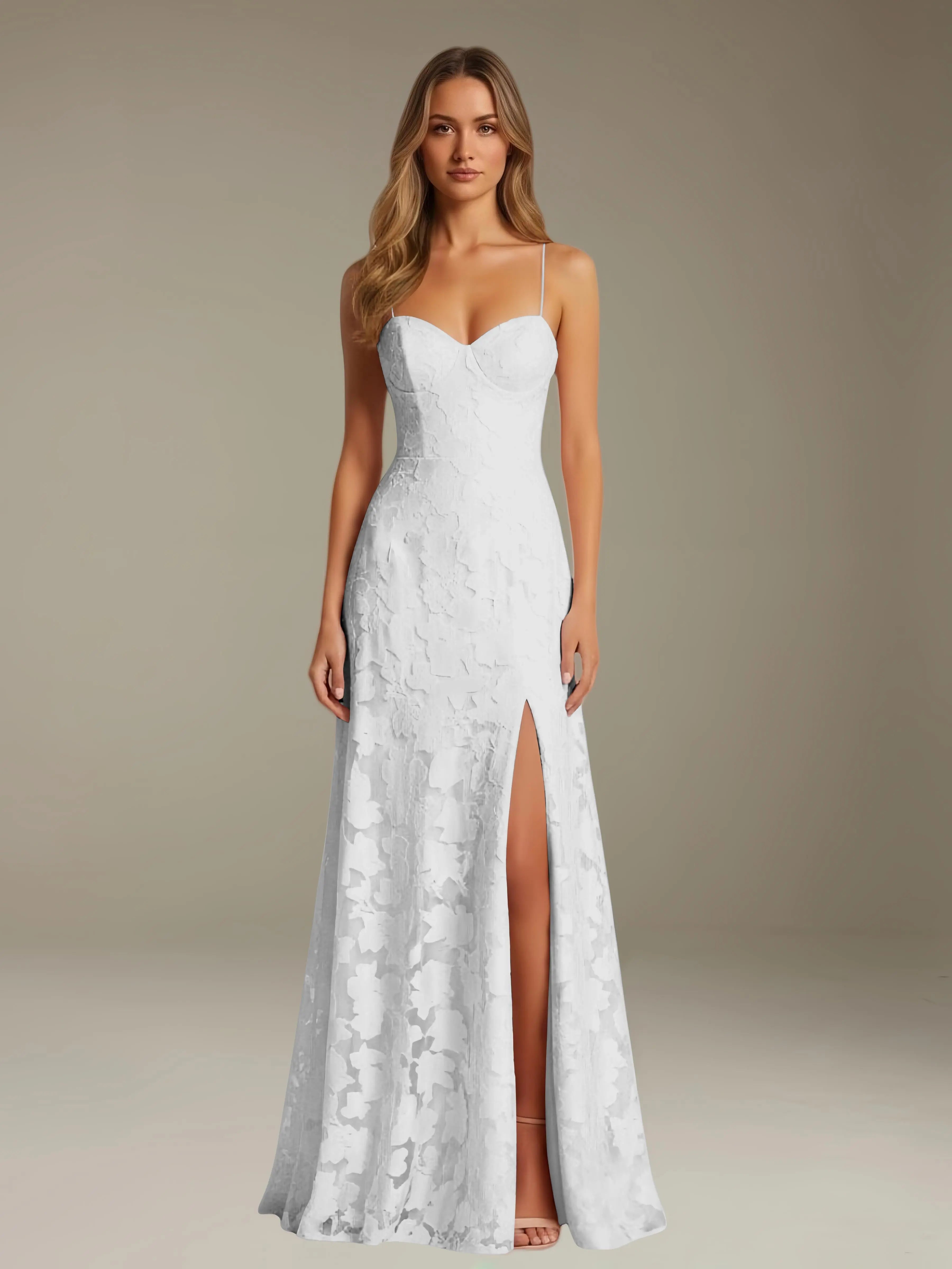 Floral Lace Formal Dress – Sweetheart Spaghetti Strap A-Line Floor Length Dress with Slit oaklynwear
