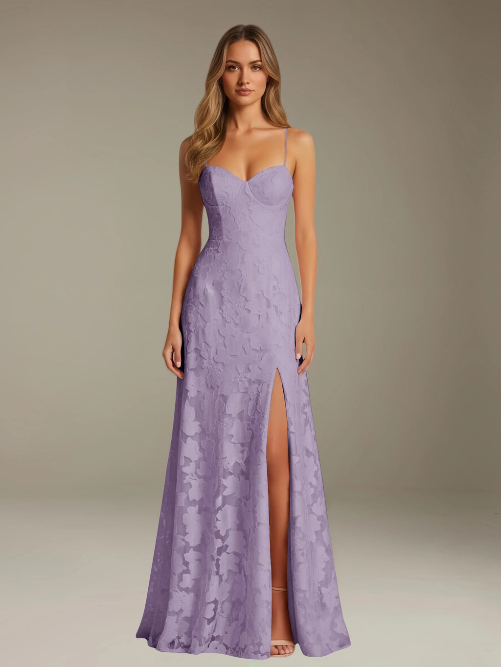 Floral Lace Formal Dress – Sweetheart Spaghetti Strap A-Line Floor Length Dress with Slit oaklynwear
