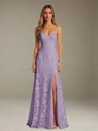 Floral Lace Formal Dress – Sweetheart Spaghetti Strap A-Line Floor Length Dress with Slit oaklynwear