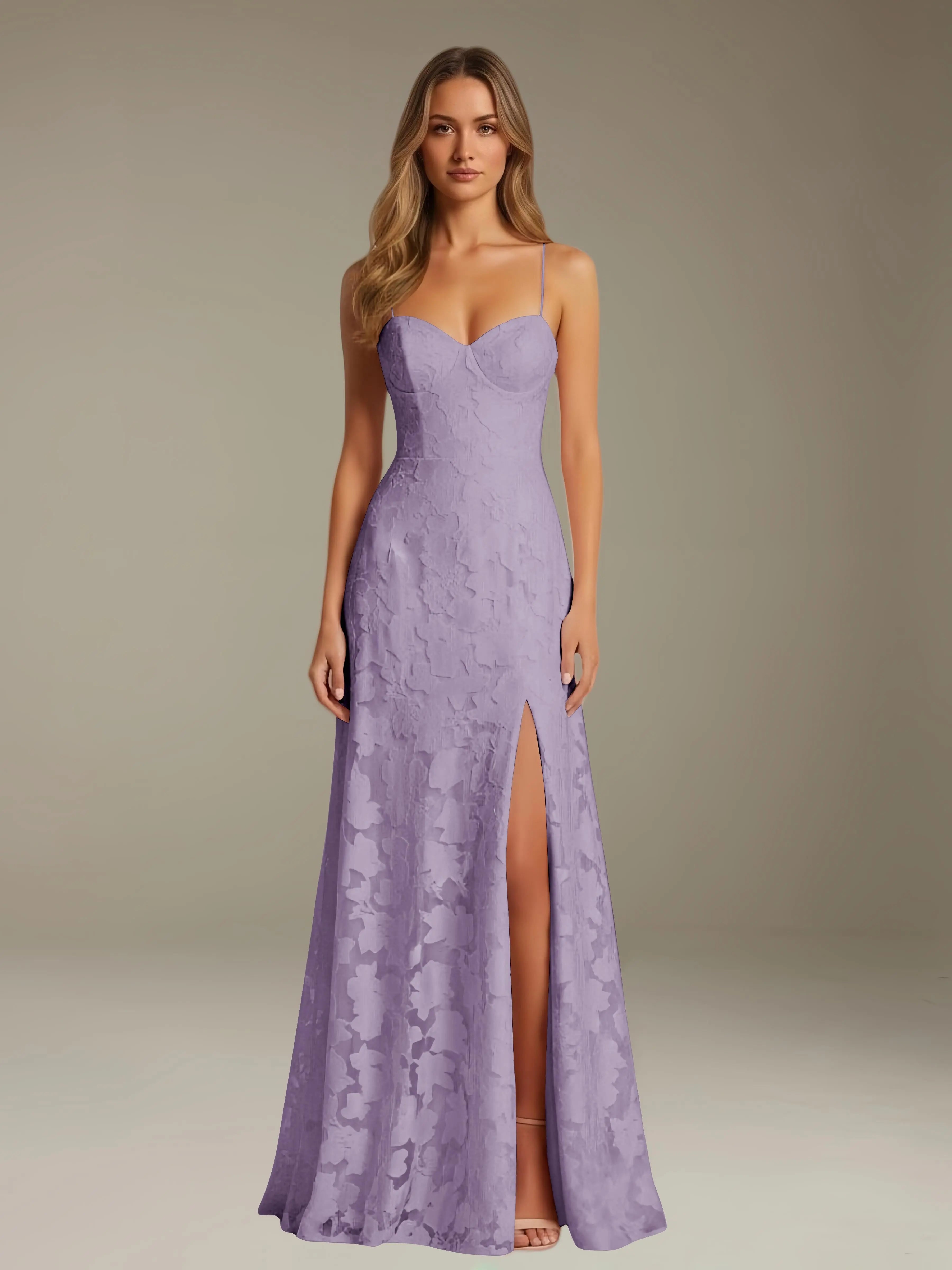 Floral Lace Formal Dress – Sweetheart Spaghetti Strap A-Line Floor Length Dress with Slit oaklynwear