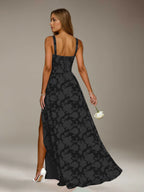 Floral Lace Bridesmaid Dress – A-Line Square Neck Sleeveless Floor Length Formal Dress with Slit oaklynwear