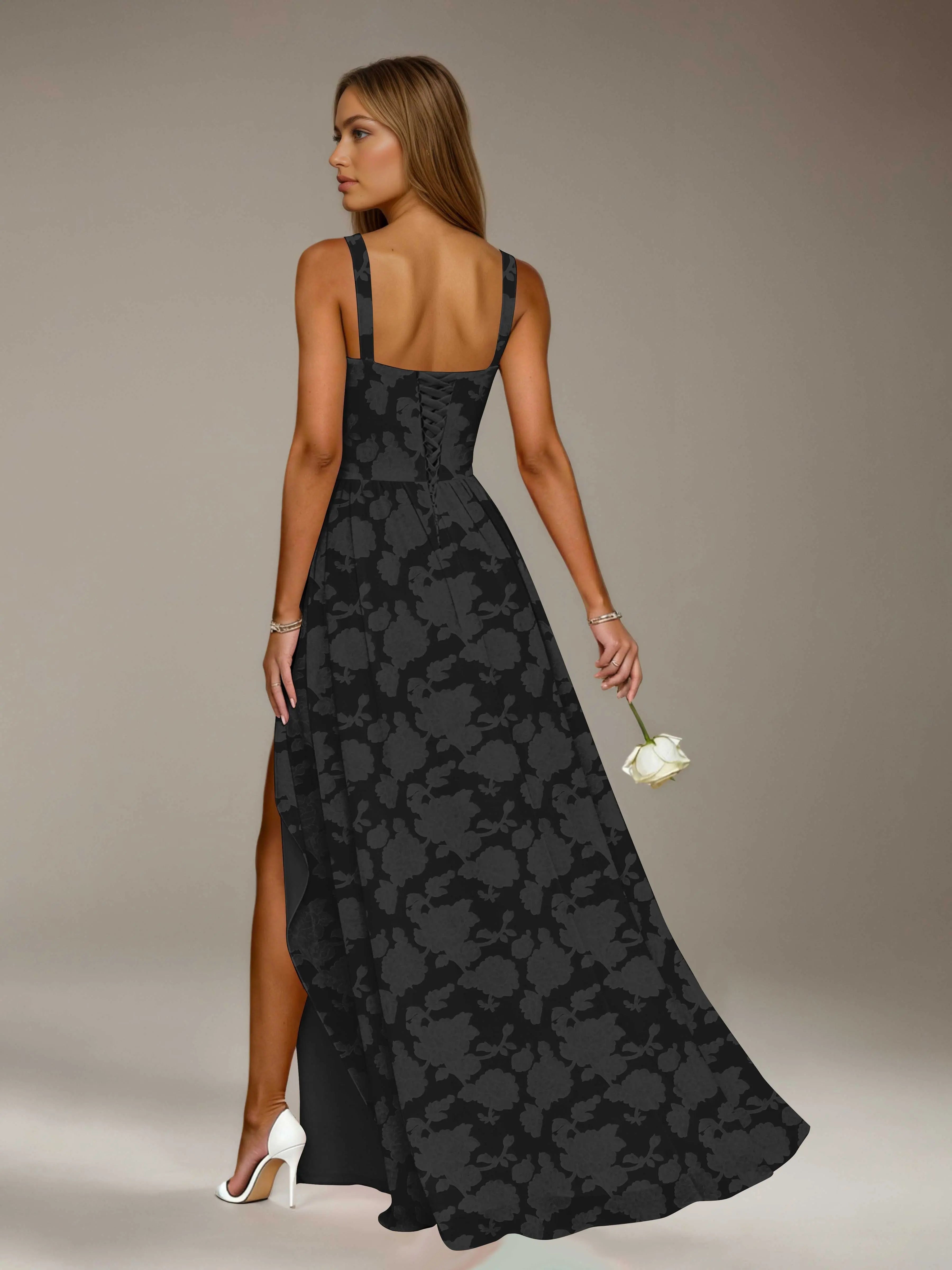 Floral Lace Bridesmaid Dress – A-Line Square Neck Sleeveless Floor Length Formal Dress with Slit oaklynwear