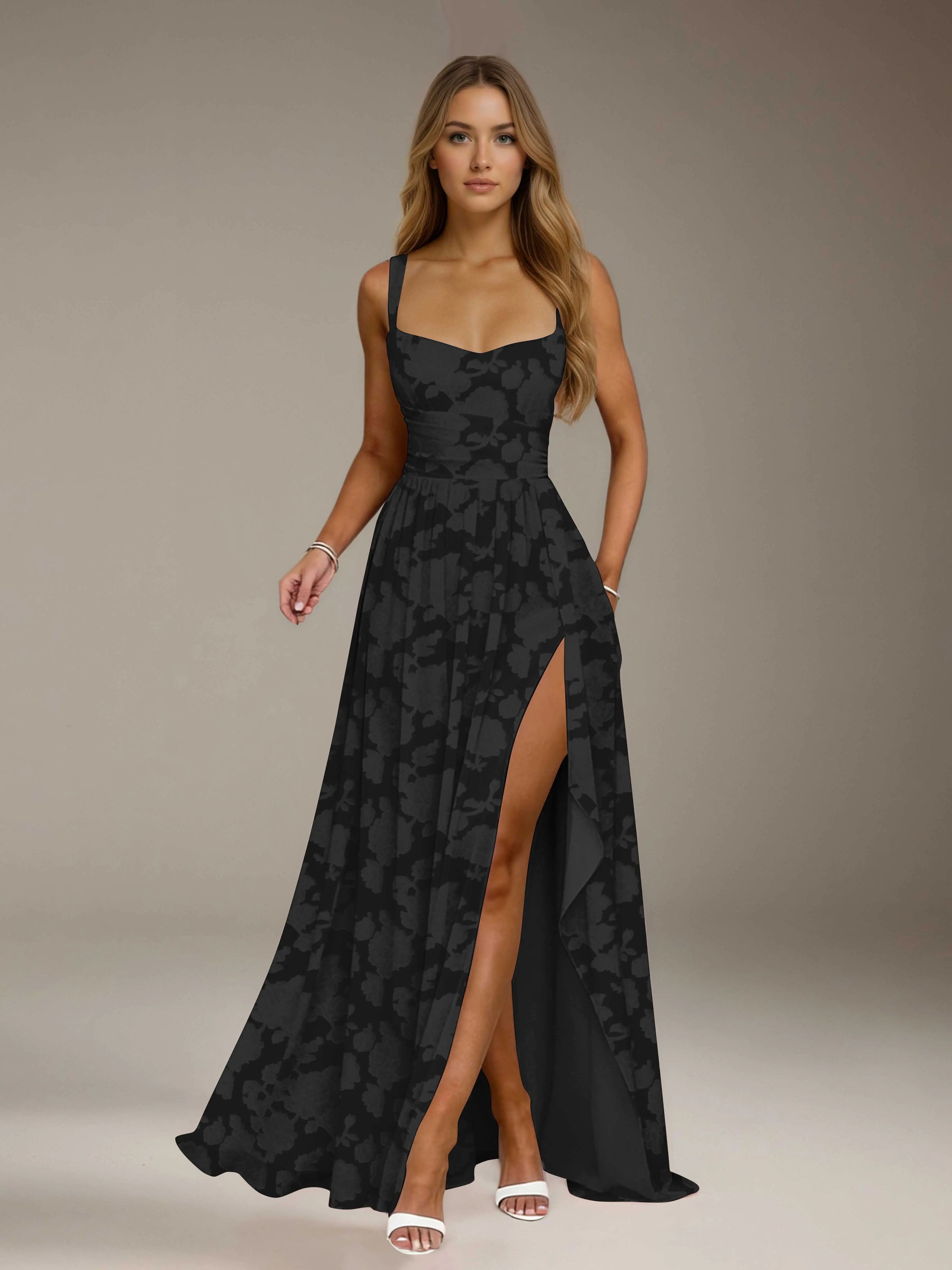 Floral Lace Bridesmaid Dress – A-Line Square Neck Sleeveless Floor Length Formal Dress with Slit oaklynwear