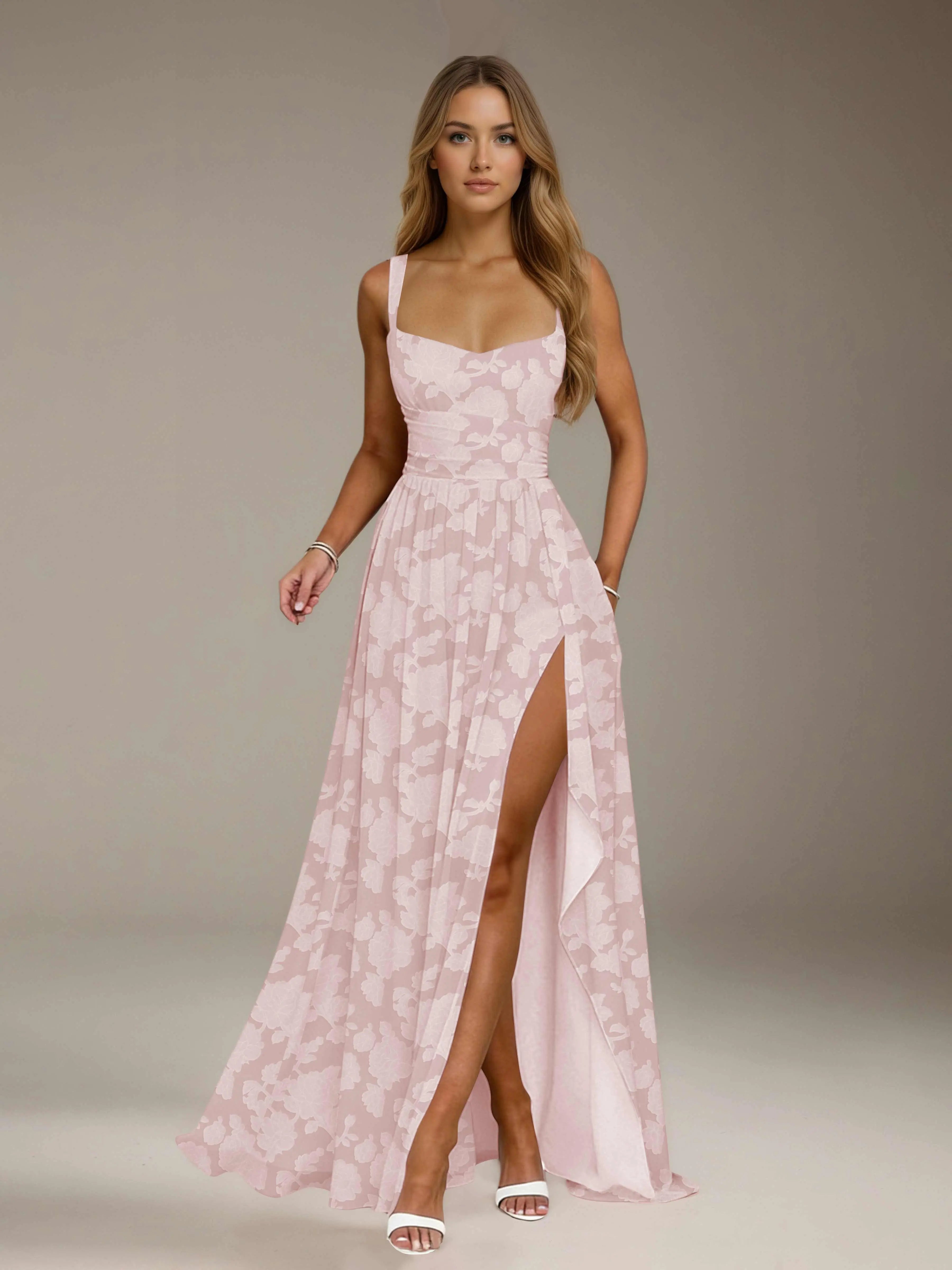 Floral Lace Bridesmaid Dress – A-Line Square Neck Sleeveless Floor Length Formal Dress with Slit oaklynwear