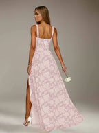 Floral Lace Bridesmaid Dress – A-Line Square Neck Sleeveless Floor Length Formal Dress with Slit oaklynwear