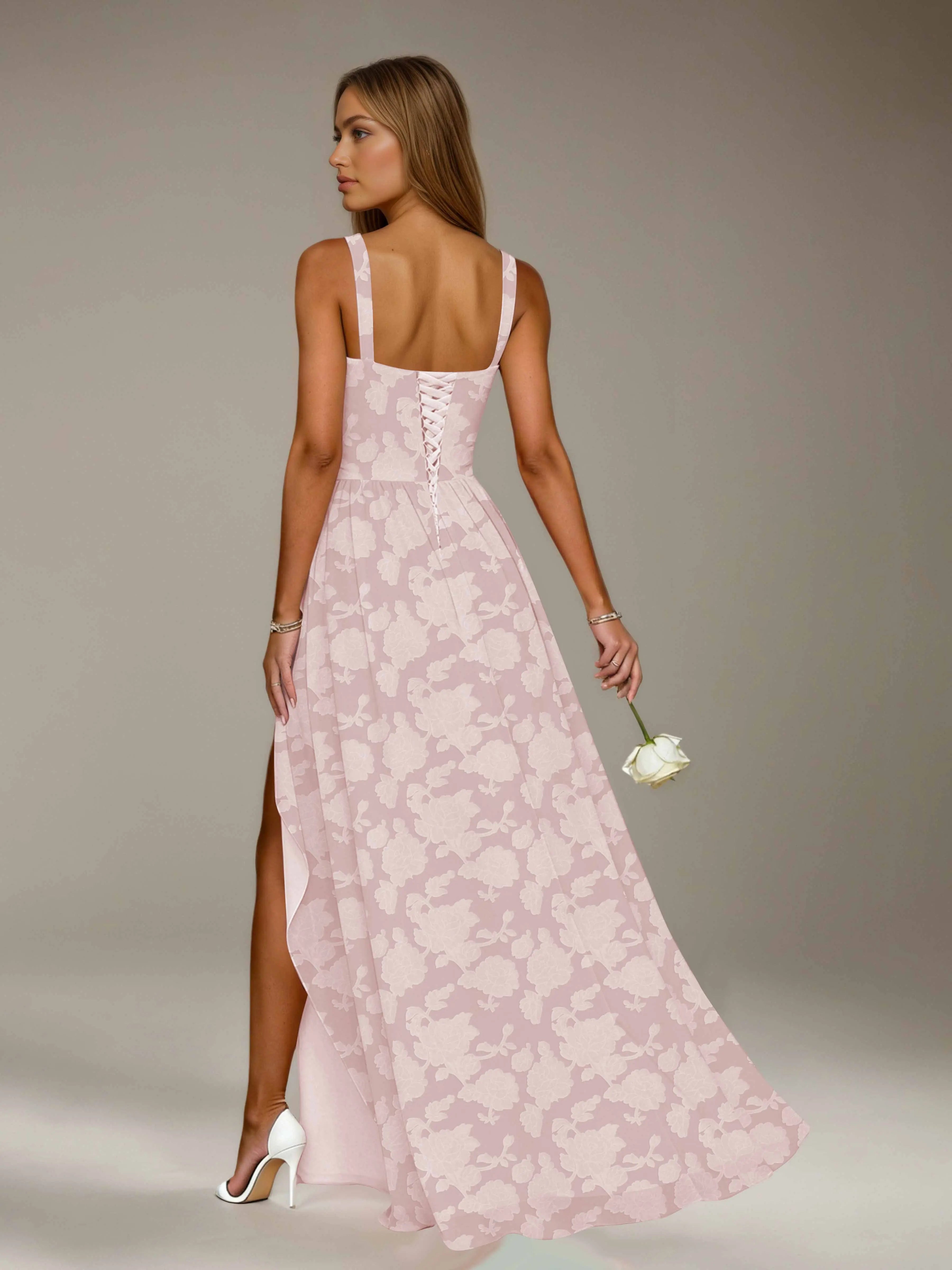 Floral Lace Bridesmaid Dress – A-Line Square Neck Sleeveless Floor Length Formal Dress with Slit oaklynwear