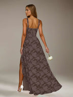 Floral Lace Bridesmaid Dress – A-Line Square Neck Sleeveless Floor Length Formal Dress with Slit oaklynwear
