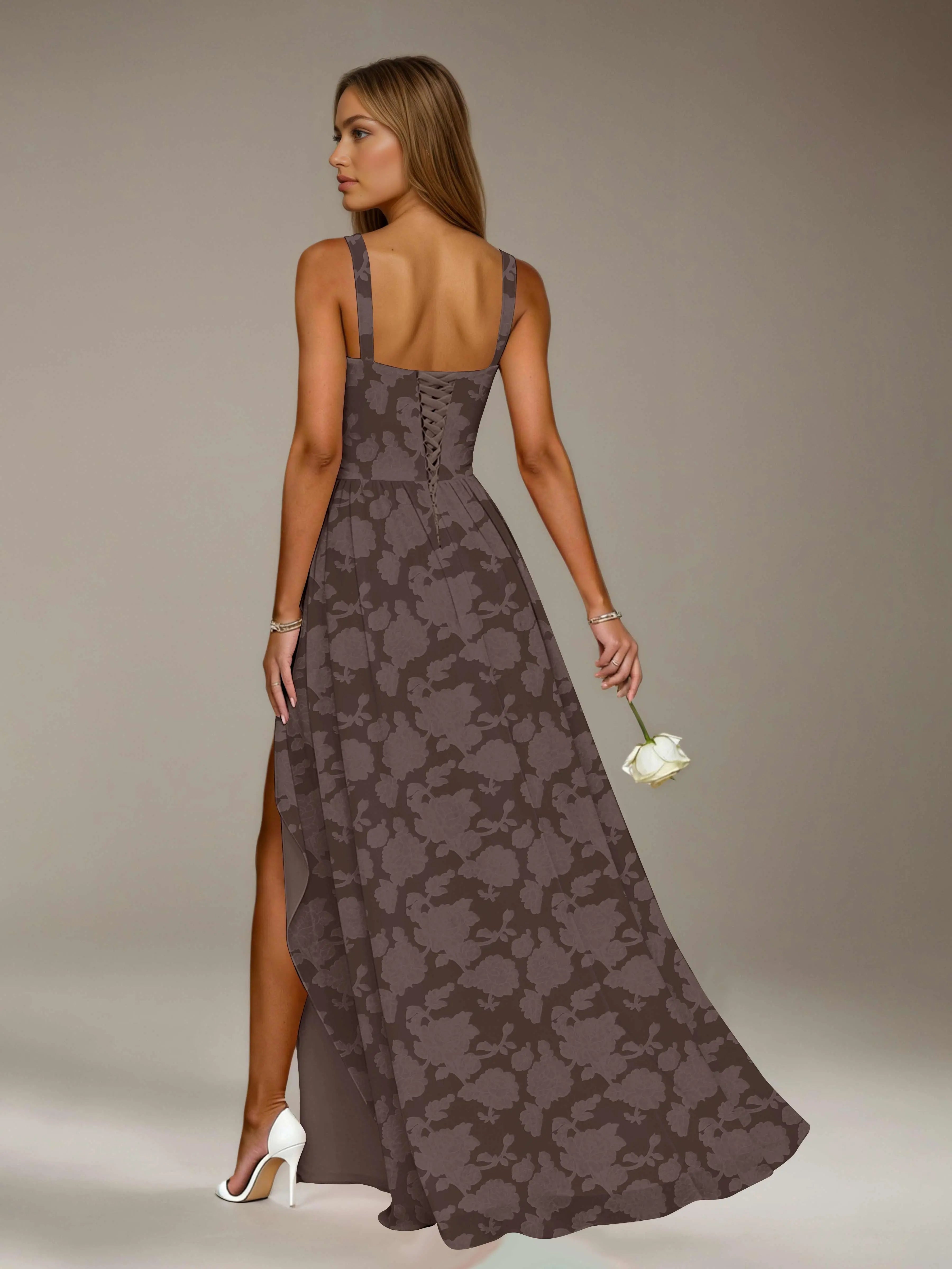 Floral Lace Bridesmaid Dress – A-Line Square Neck Sleeveless Floor Length Formal Dress with Slit oaklynwear