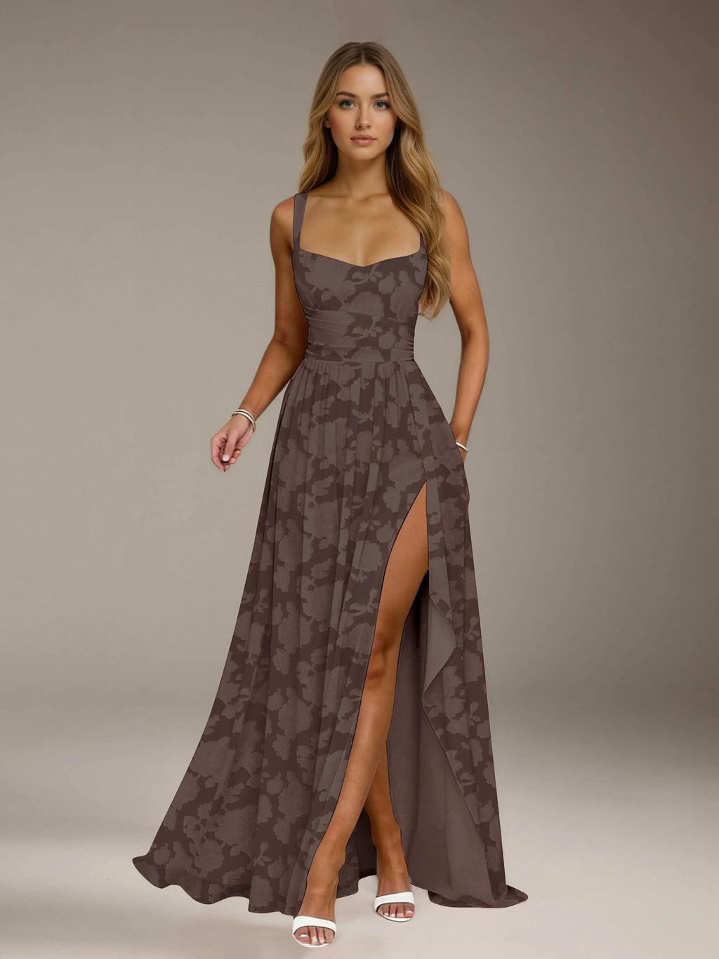 Floral Lace Bridesmaid Dress – A-Line Square Neck Sleeveless Floor Length Formal Dress with Slit oaklynwear