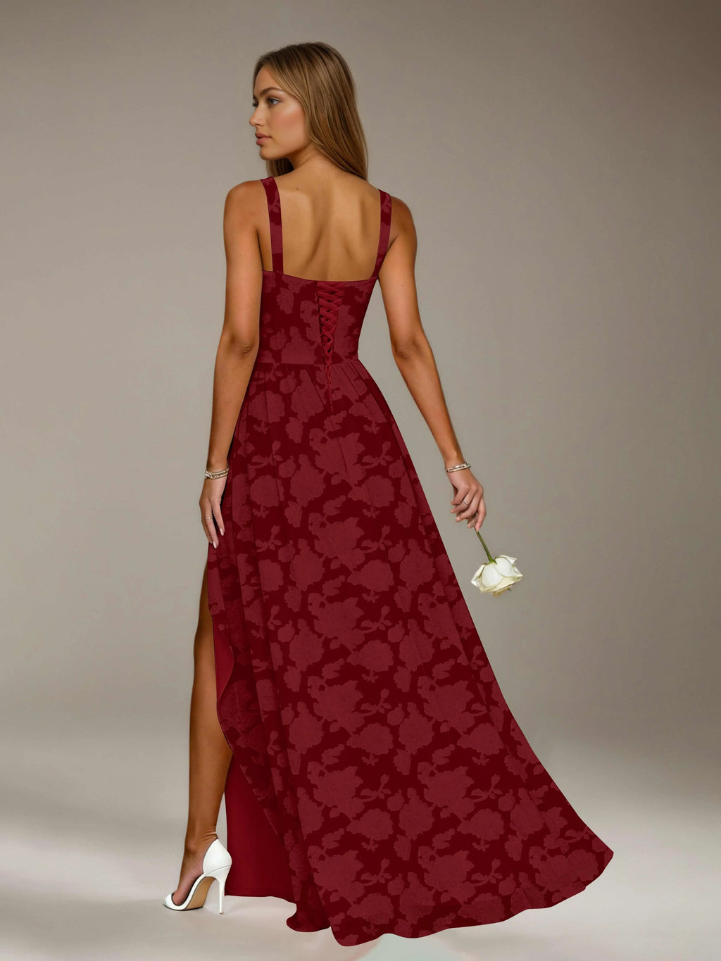 Floral Lace Bridesmaid Dress – A-Line Square Neck Sleeveless Floor Length Formal Dress with Slit oaklynwear