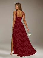 Floral Lace Bridesmaid Dress – A-Line Square Neck Sleeveless Floor Length Formal Dress with Slit oaklynwear