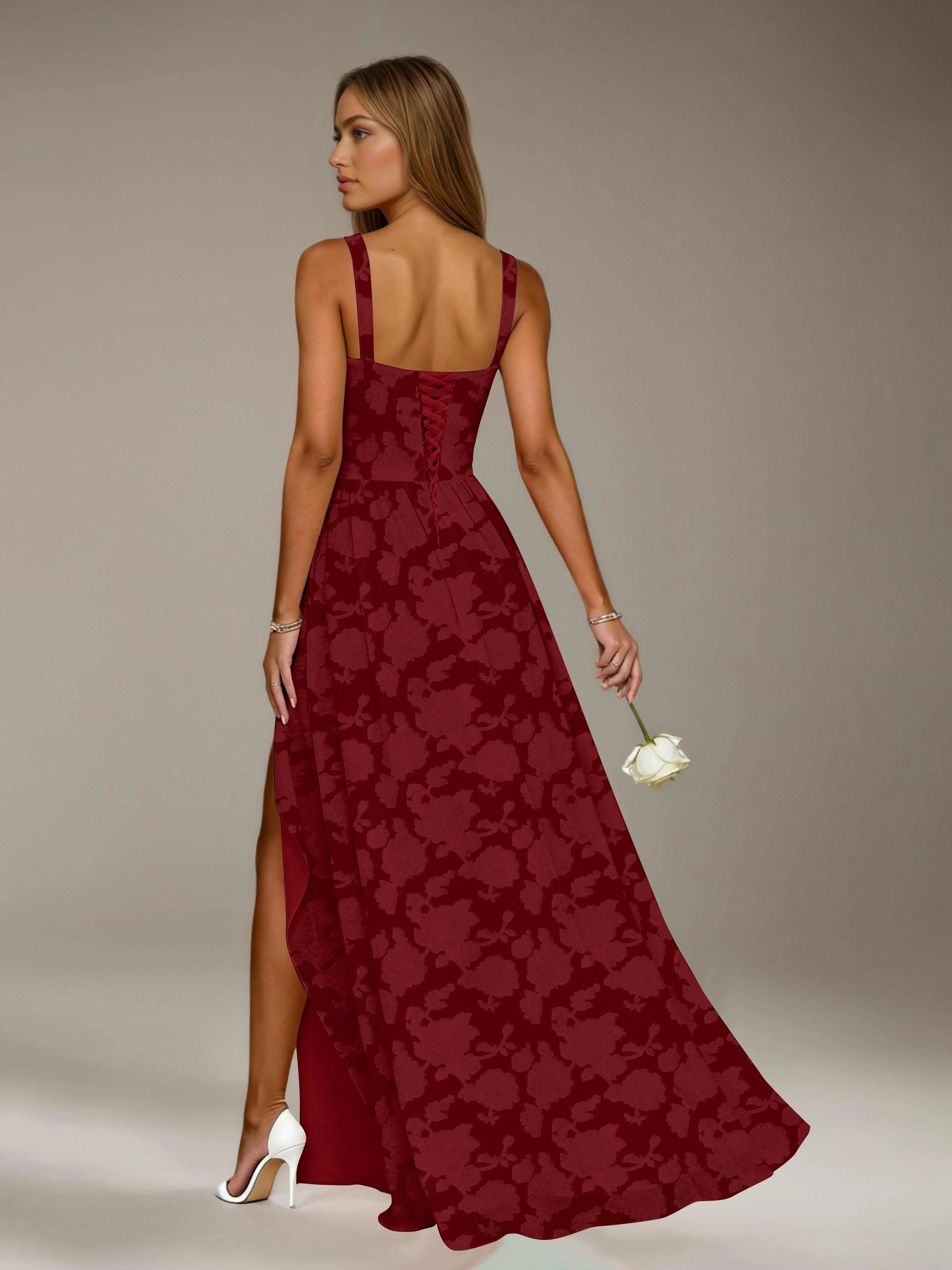 Floral Lace Bridesmaid Dress – A-Line Square Neck Sleeveless Floor Length Formal Dress with Slit oaklynwear