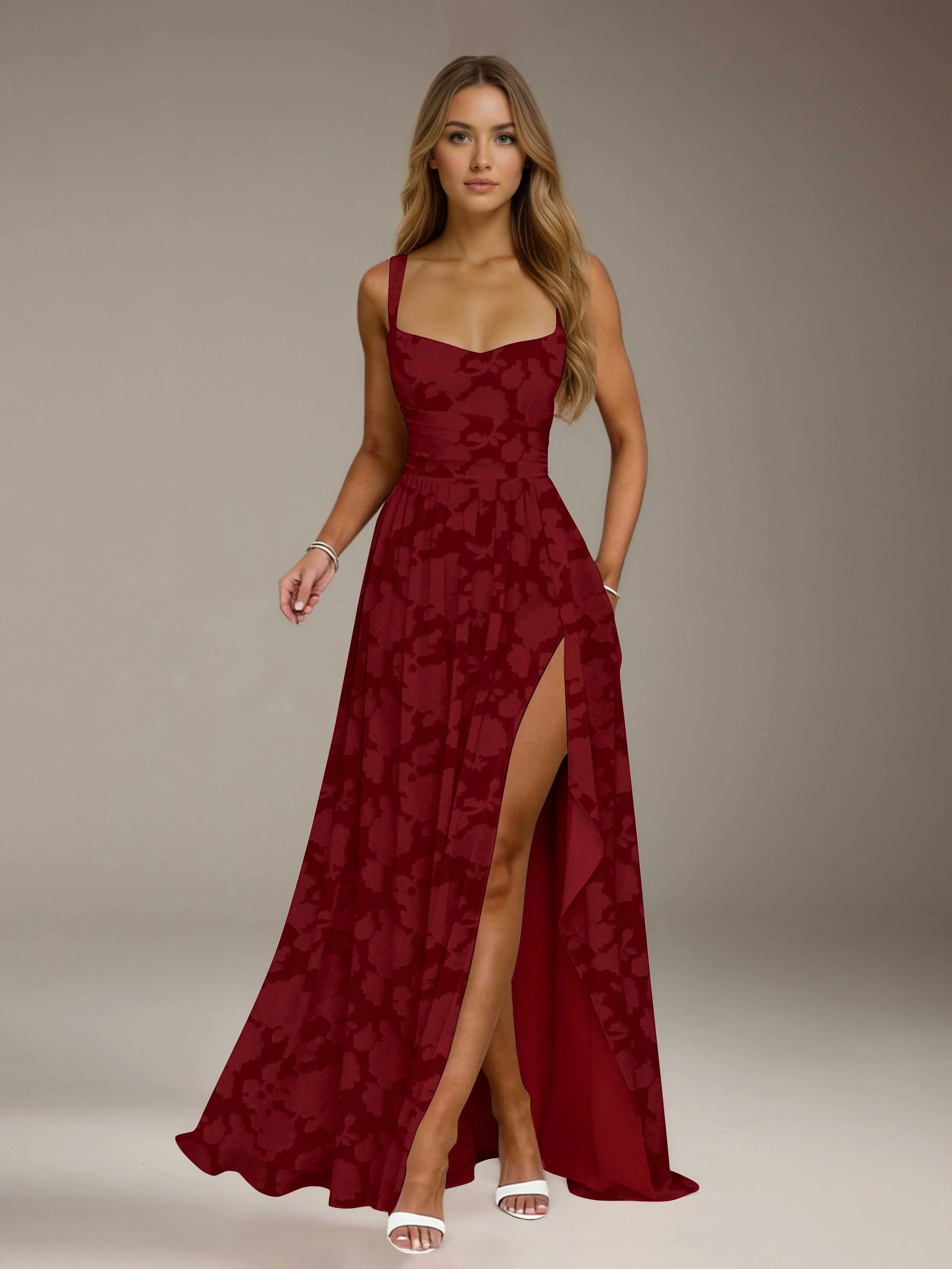 Floral Lace Bridesmaid Dress – A-Line Square Neck Sleeveless Floor Length Formal Dress with Slit oaklynwear
