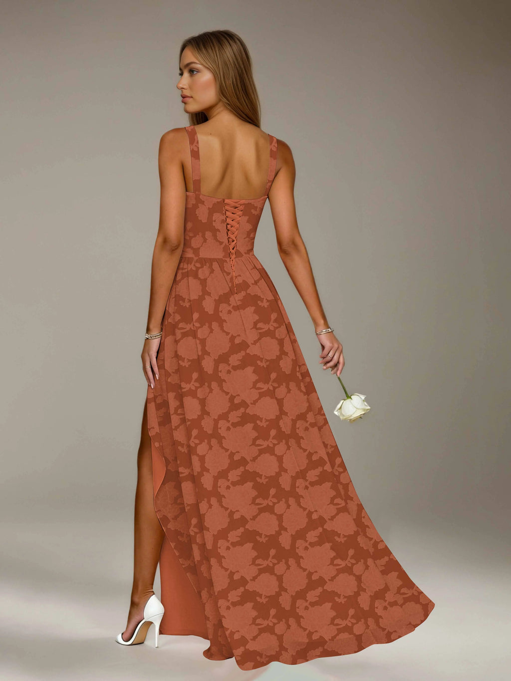 Floral Lace Bridesmaid Dress – A-Line Square Neck Sleeveless Floor Length Formal Dress with Slit oaklynwear