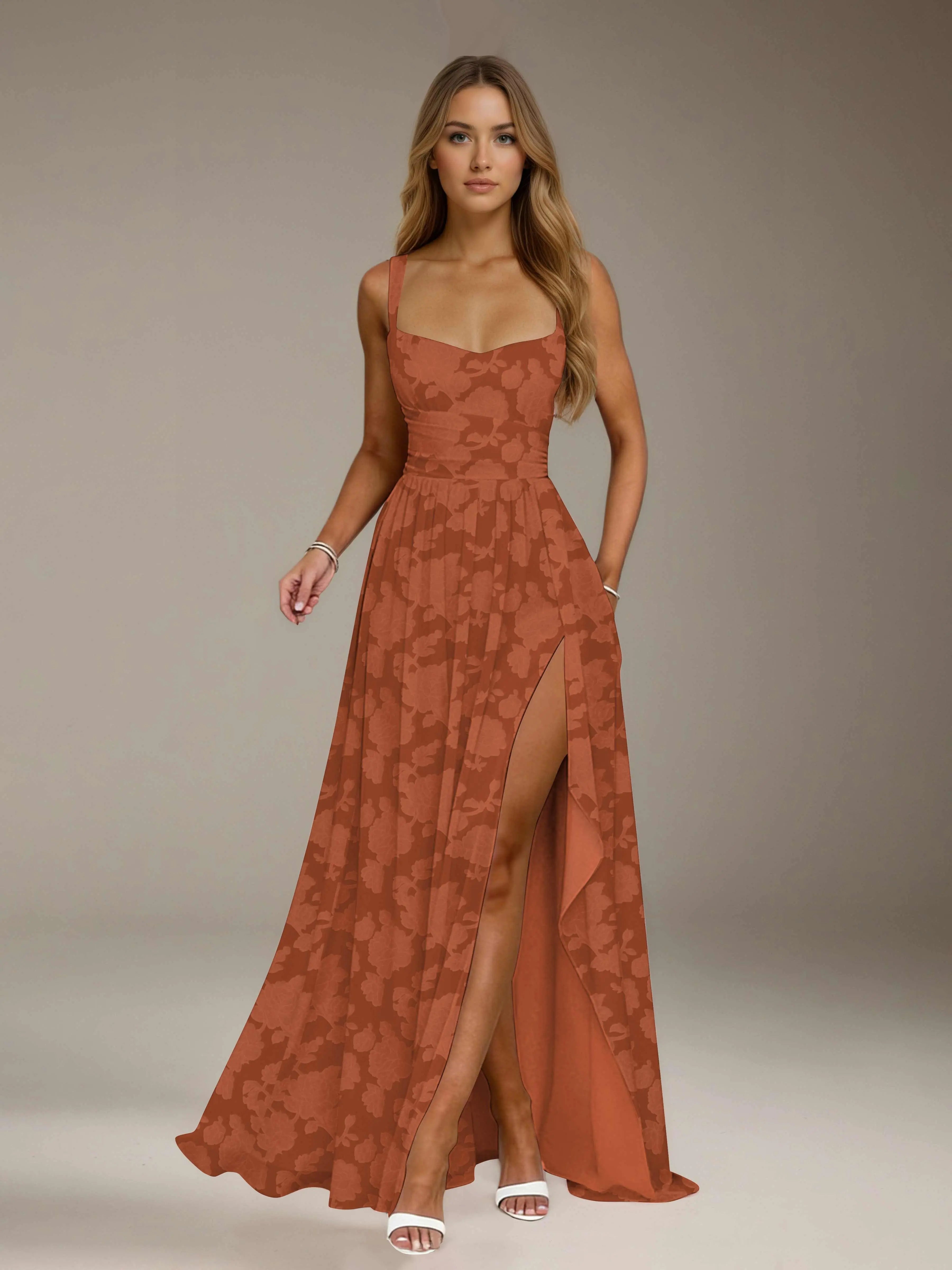 Floral Lace Bridesmaid Dress – A-Line Square Neck Sleeveless Floor Length Formal Dress with Slit oaklynwear