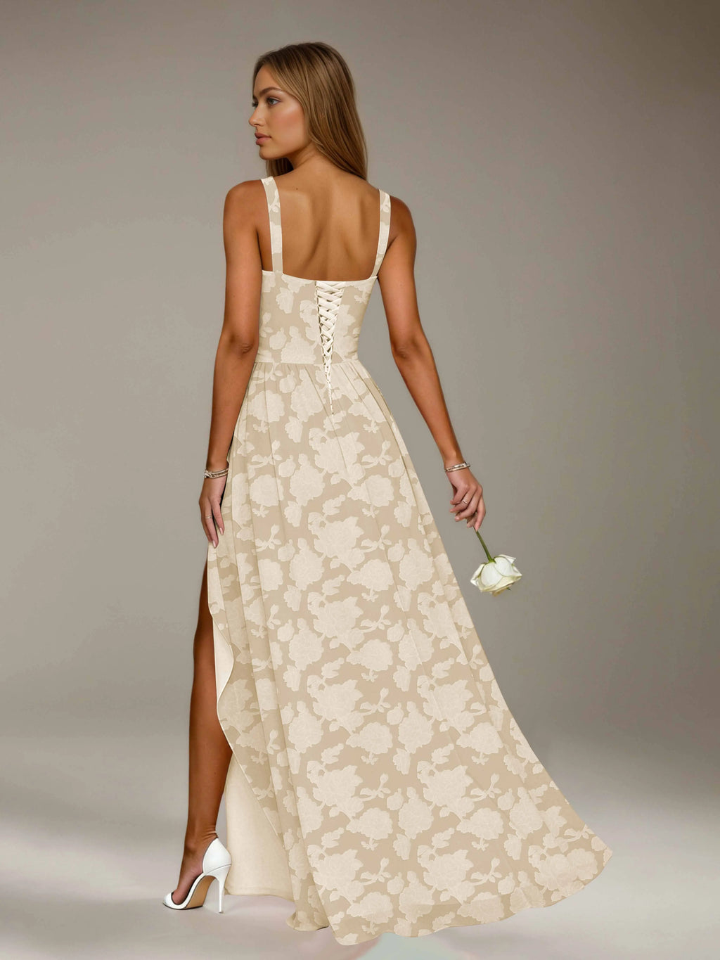 Floral Lace Bridesmaid Dress – A-Line Square Neck Sleeveless Floor Length Formal Dress with Slit oaklynwear