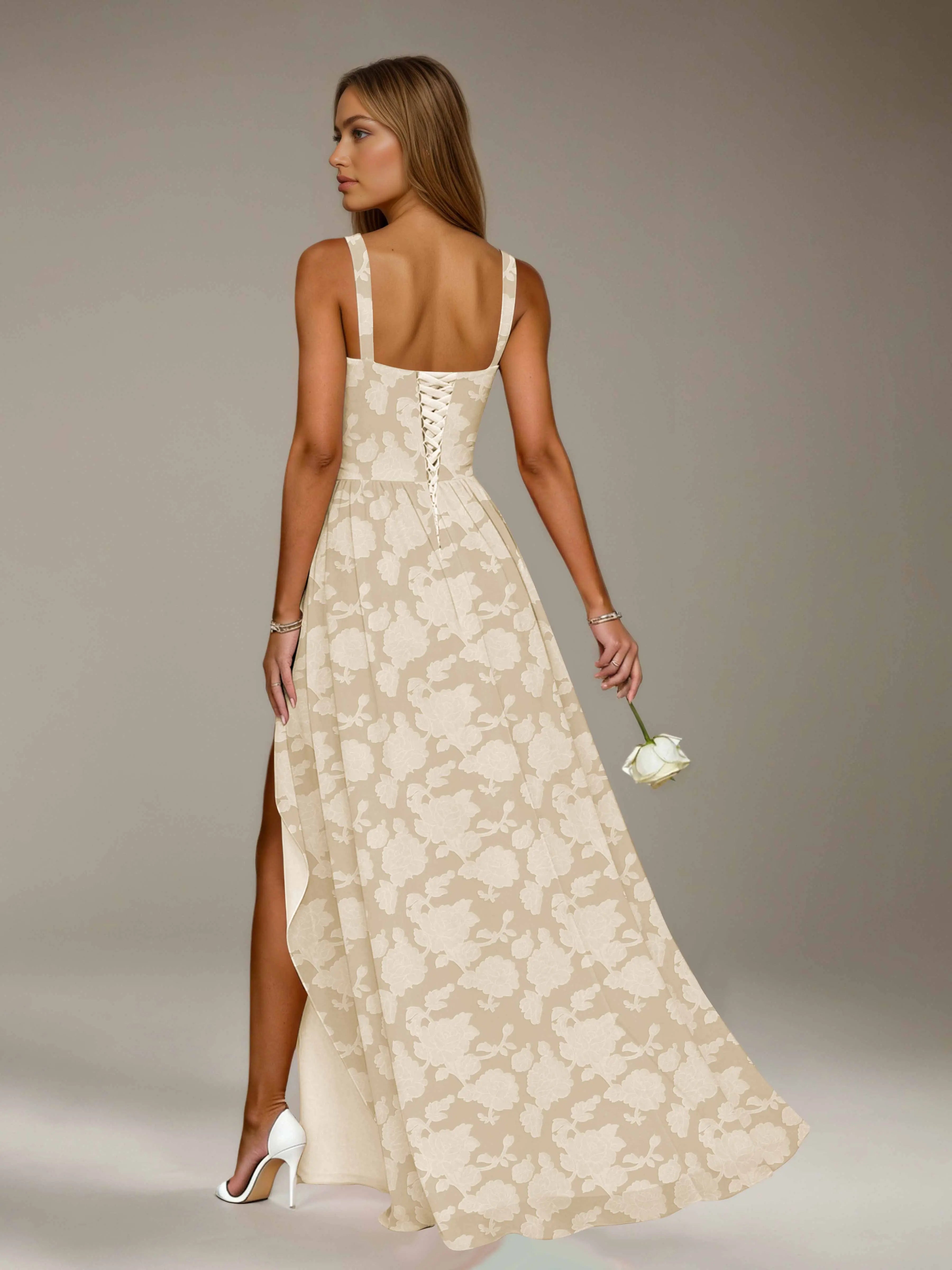Floral Lace Bridesmaid Dress – A-Line Square Neck Sleeveless Floor Length Formal Dress with Slit oaklynwear
