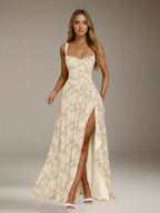 Floral Lace Bridesmaid Dress – A-Line Square Neck Sleeveless Floor Length Formal Dress with Slit oaklynwear