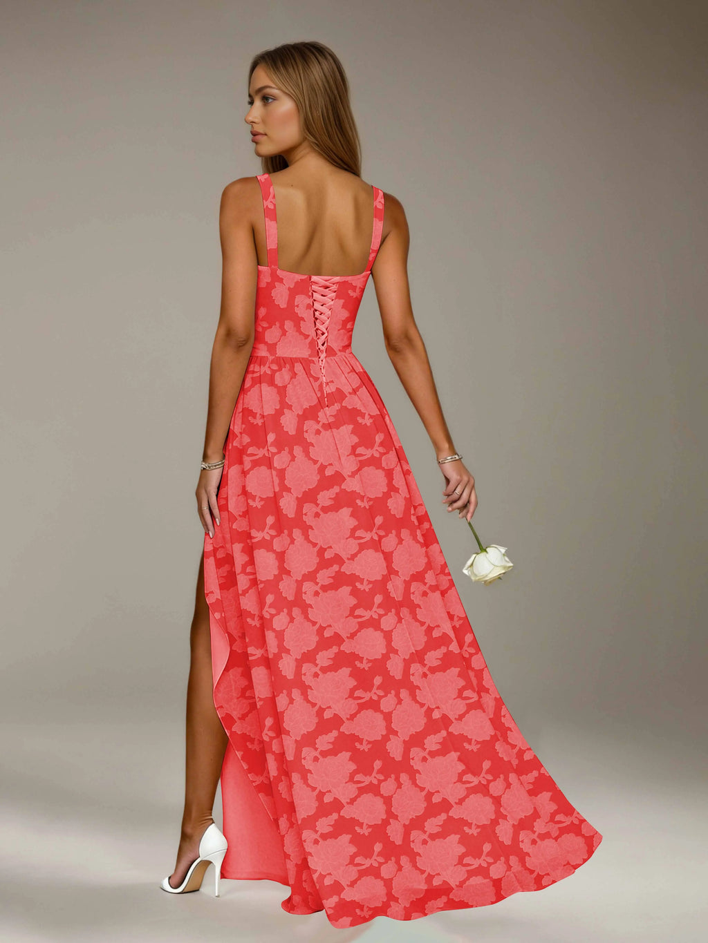 Floral Lace Bridesmaid Dress – A-Line Square Neck Sleeveless Floor Length Formal Dress with Slit oaklynwear