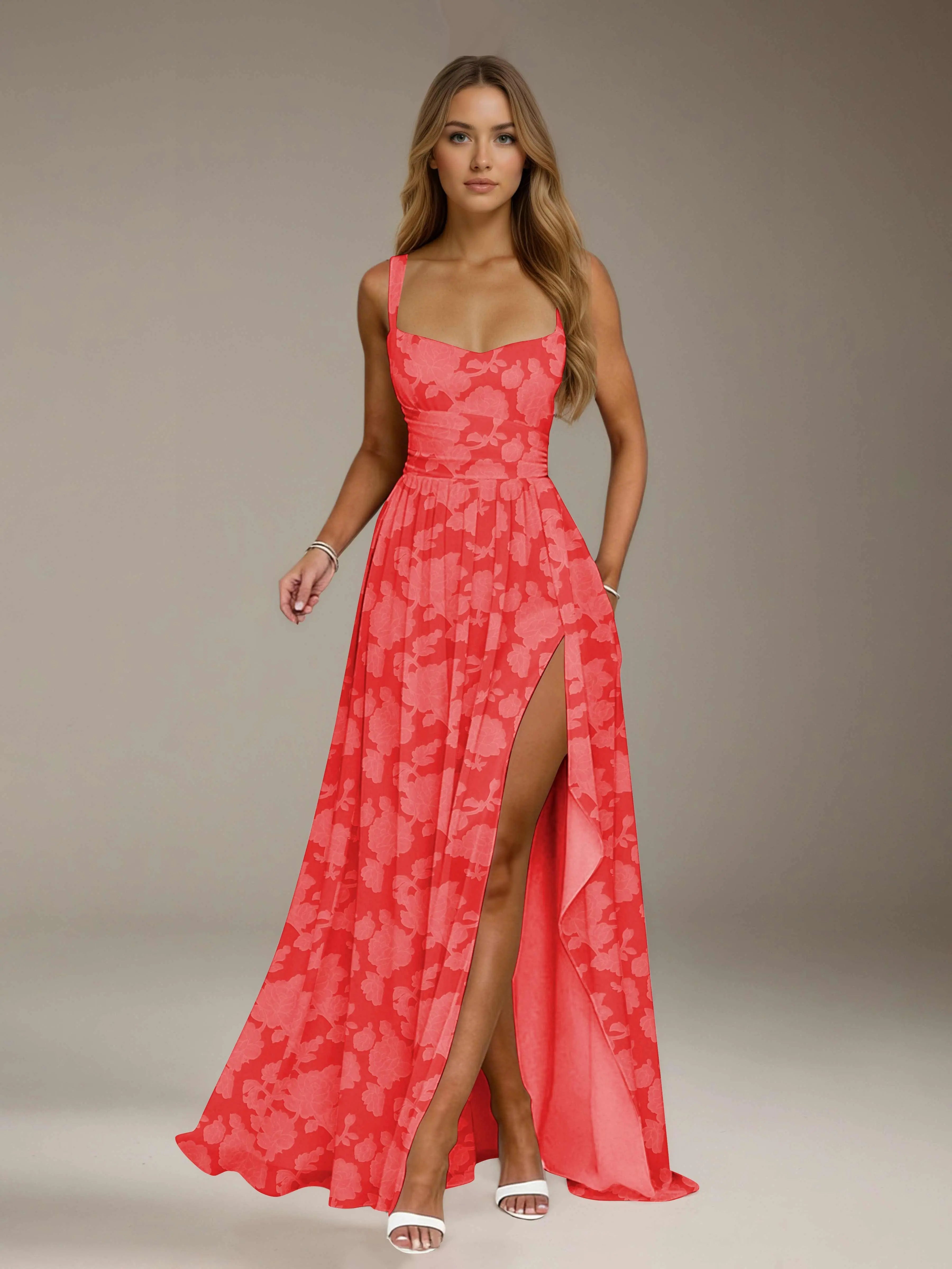 Floral Lace Bridesmaid Dress – A-Line Square Neck Sleeveless Floor Length Formal Dress with Slit oaklynwear