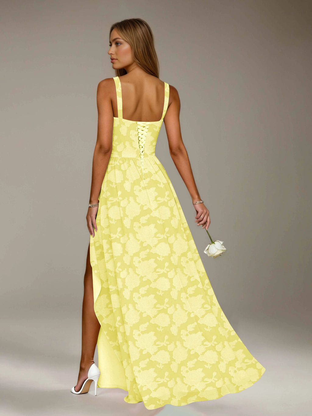 Floral Lace Bridesmaid Dress – A-Line Square Neck Sleeveless Floor Length Formal Dress with Slit oaklynwear