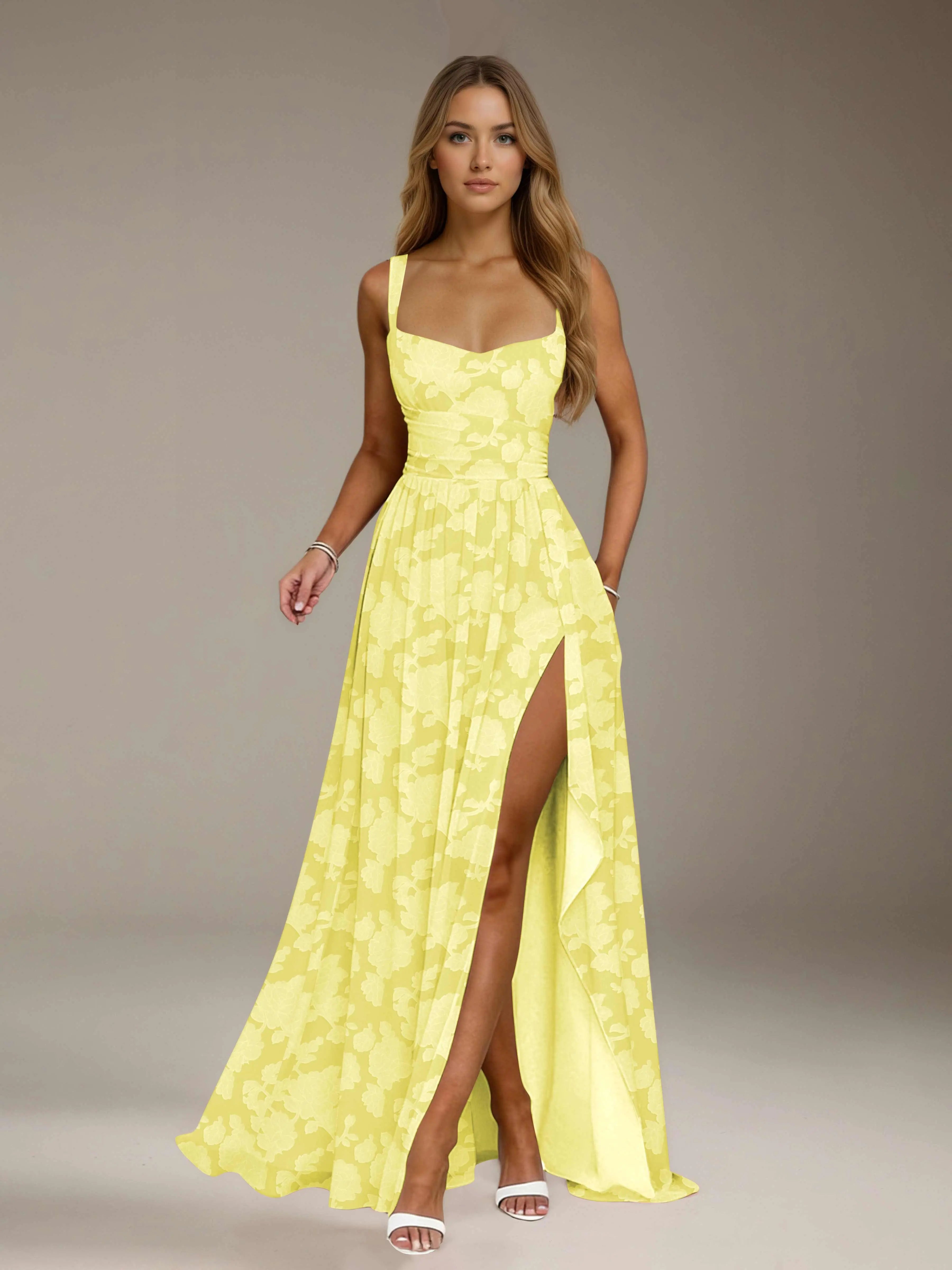 Floral Lace Bridesmaid Dress – A-Line Square Neck Sleeveless Floor Length Formal Dress with Slit oaklynwear